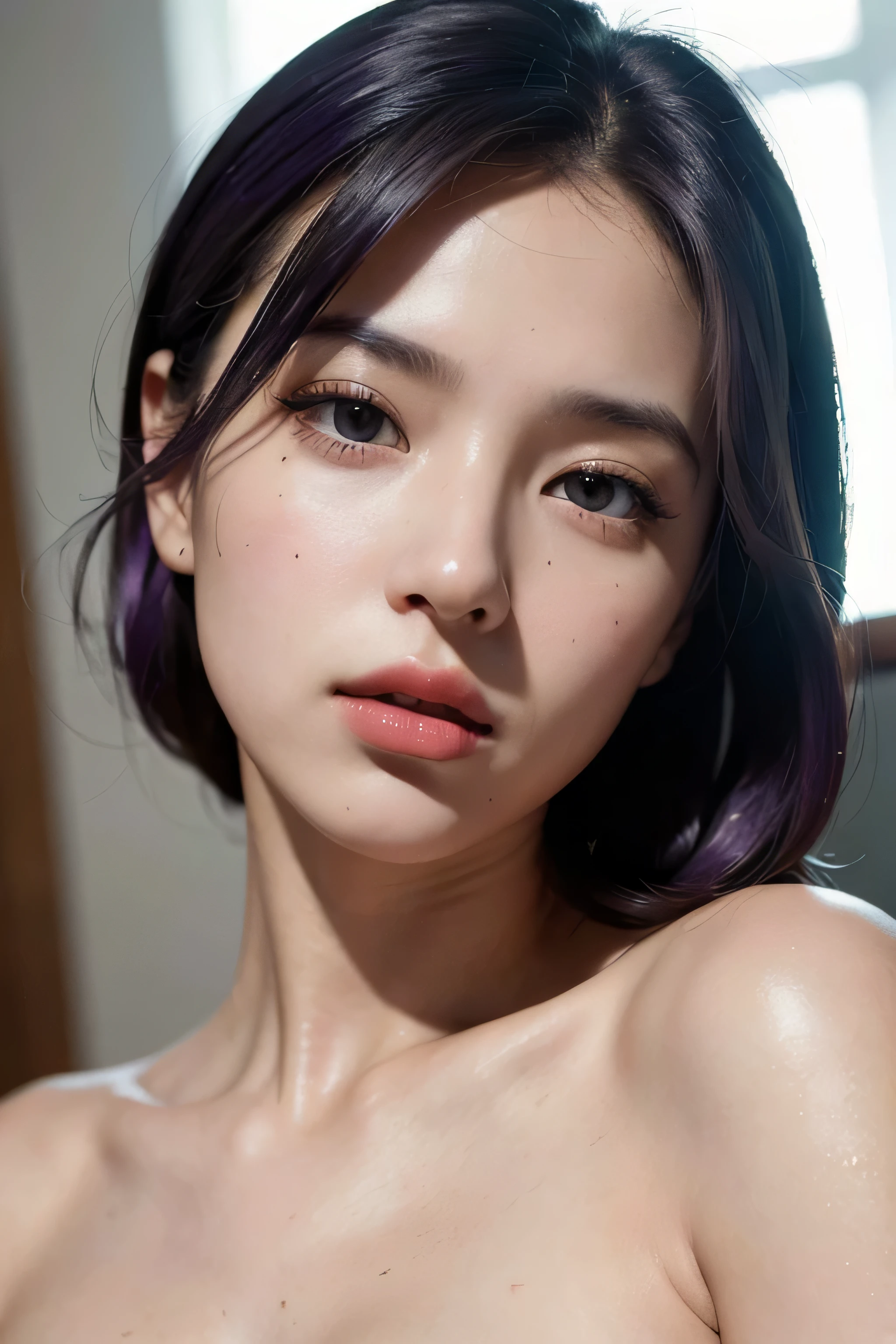 best quality,masterpiece,extremely detailed,high res,4k,ultra high res,detailed shadow,ultra realistic,realistic,dramatic lighting,1girl,solo,detailed face,realistic eyes,realistic skin,white bikini,purple hair,dynamic pose,