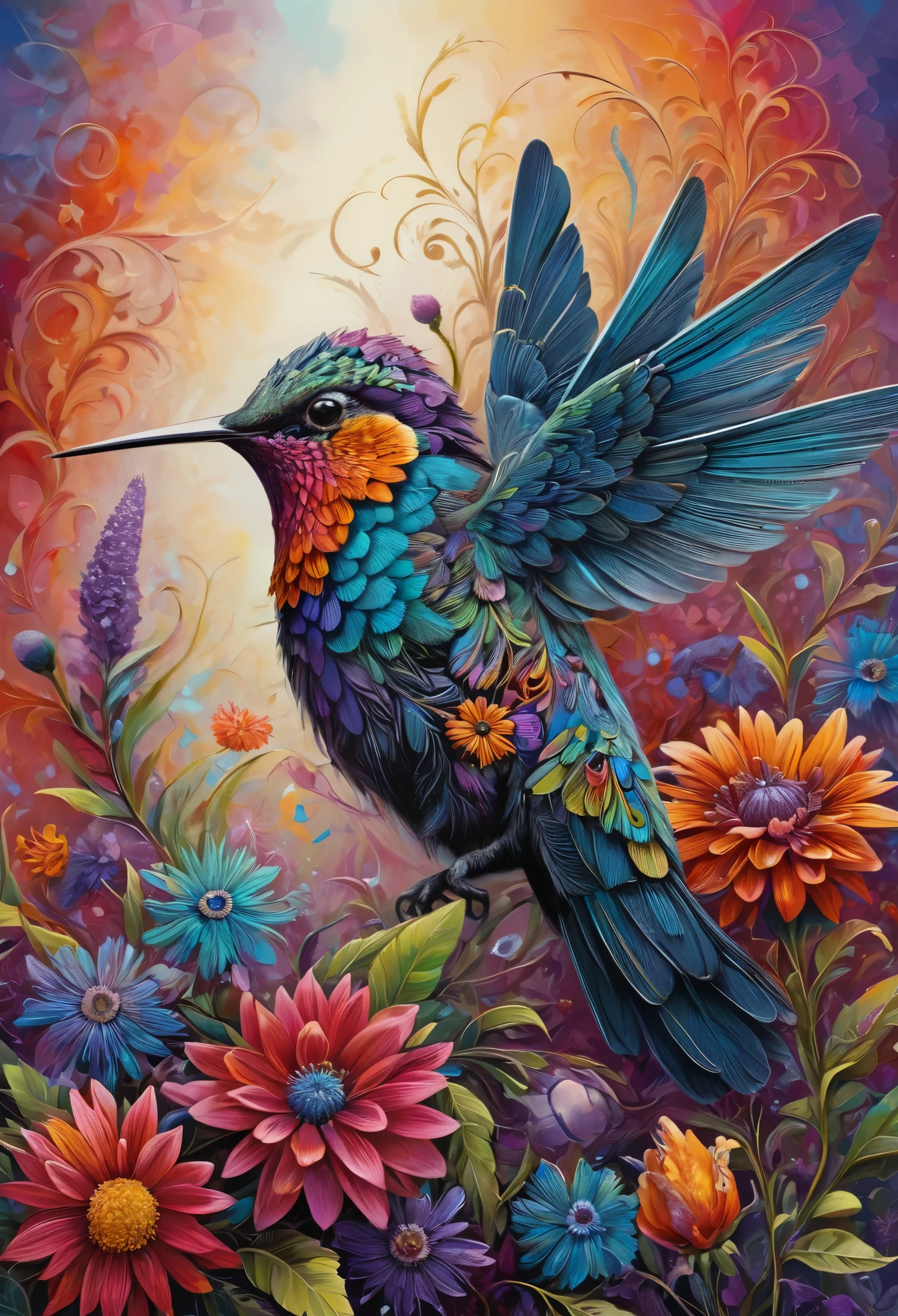 A hummingbird perched on a flower, its feathers adorned with vibrant colors, set against a natural background. The hummingbird is depicted with intricate details, bold colors, and high-definition quality, immersing viewers in the scene.