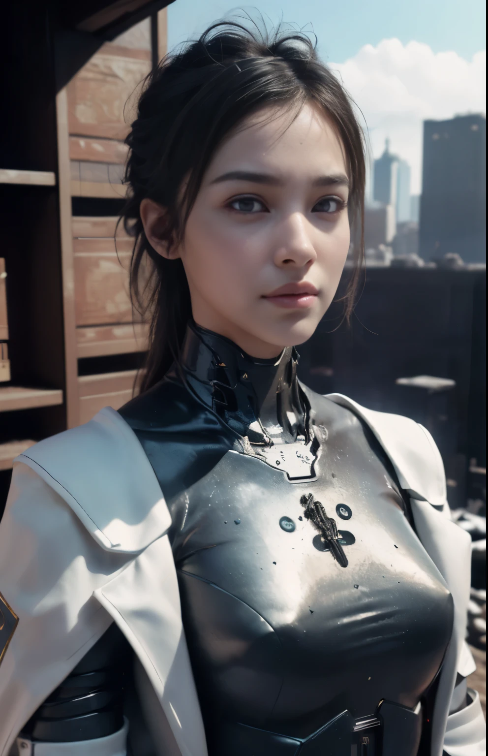 ((best quality)), ((masterpiece)), ((actual)), (detailed), (photoactual:1.5), a futuristic girl, (thick body), (white jumpsuit), lamp on armor, cybernetic headgear, looking at the audience, dynamic poses, post apocalyptic, Destroyed city background, building on fire, Science fiction, high dynamic range, Ray tracing, NVIDIA RTX, super resolution, Unreal 5, subsurface scattering, PBR texture, post processing, Anisotropic filtering, depth of field, Maximum clarity and sharpness, rule of thirds, 8K raw, (glowing particles:1.4), (extremely detailed cg, unified 8k wallpaper, 3d, light, lens flare), Reflection, sharp focus, cyberpunk art, cyberpunk architecture,