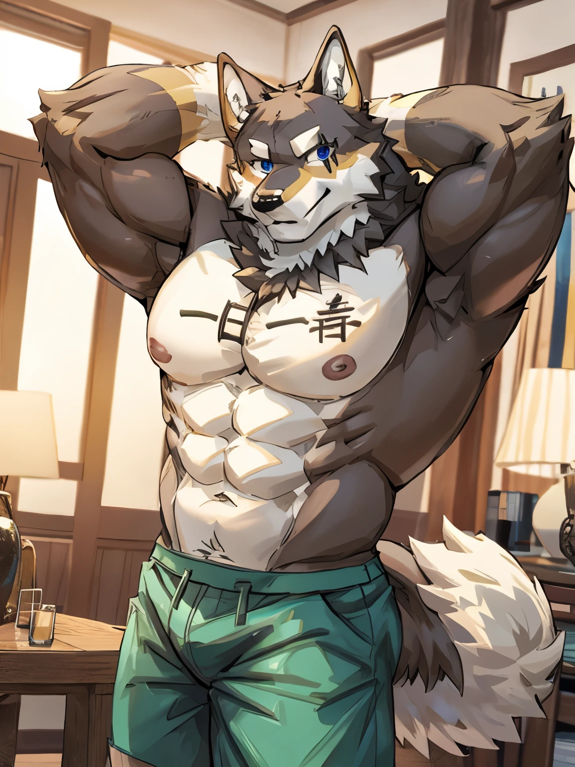 ogami aratsuka, good looking, male, anthro, ultradetailed, muscular, solo, bareness, rippling muscles, muscles, living room background, tail, smiling, shirtless, big pecs, flexing, looking at viewer, thong, hands behind head,