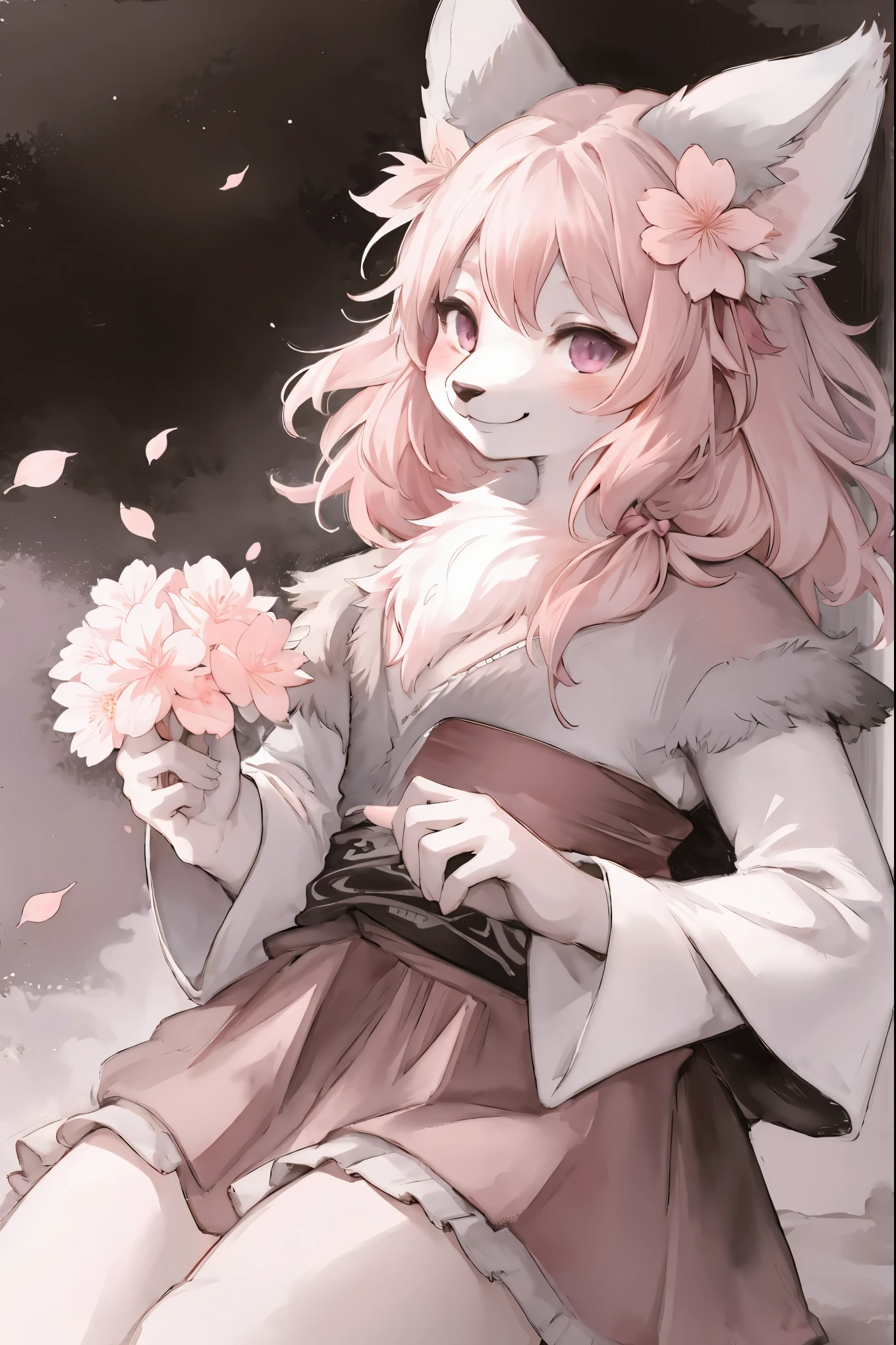 monochrome, watercolor, highres, top quality, best quality, paid reward available, High-quality illustrations, unparalleled masterpiece, perfect artwork, absurdres, 1girl, kemono, furry, detailed body fur, animal face, animal hand, Archaic Smile, holding a cluster of pink flower in both hands, which are positioned at chest level, She is wearing a simple ring on the ring finger of her left hand, unfocused spread of pink flower, fan-created work shared on platforms Pixiv or Twitter,
