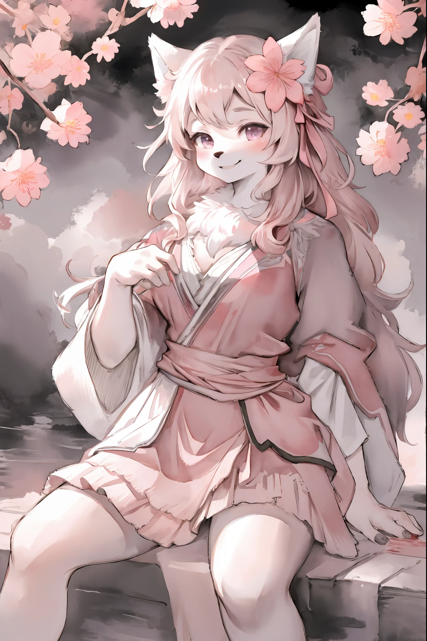 monochrome, watercolor, highres, top quality, best quality, paid reward available, High-quality illustrations, unparalleled masterpiece, perfect artwork, absurdres, 1girl, kemono, furry, detailed body fur, animal face, animal hand, Archaic Smile, holding a cluster of pink flower in both hands, which are positioned at chest level, She is wearing a simple ring on the ring finger of her left hand, unfocused spread of pink flower, fan-created work shared on platforms Pixiv or Twitter,