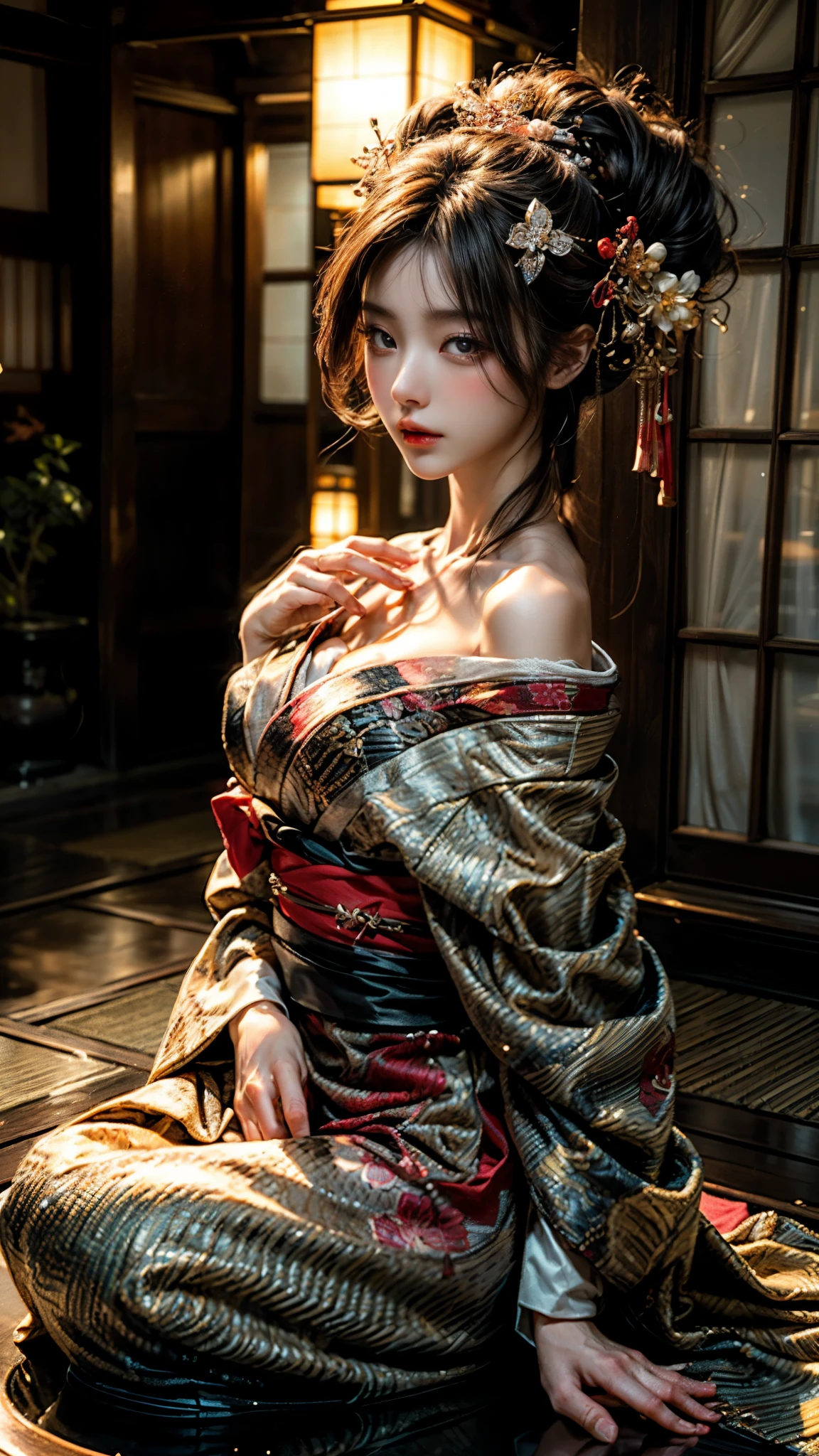 In a futuristic scene, Geisha in Japan with mechanical reinforcement、Elegant in elaborate gardens. She has beautifully detailed eyes and lips that complement her face. Geishas wear traditional kimonos with intricate patterns and designs. Around her are bright cherry trees and a quiet carp pond. The scene is painted with a blend of illustration and photorealism, Ultra-detailed brush strokes and clarity, Vivid colors. Lighting emphasizes the elegant features of the geisha, Gives her porcelain skin a soft glow. Artwork is of the highest quality, 4K or 8K resolution, Showcase the intricate details of geisha attire, cherry trees, And the shimmering scales of carp. The overall color scheme is、It is a combination of traditional shades of Japan, Crimson, etc., blacks, and subtle gold accents, With a futuristic twist. The fusion of ancient traditions and modern technology is、Create captivating and visually striking masterpieces.shoulders are exposed, Chest is visible、You can see the valley、are visible、Shoulders exposed、Chest revealed、(shoulders are exposed), Chest is visible、You can see the valley、are visible、Shoulders exposed、Chest revealed、(Off-shoulder style)
