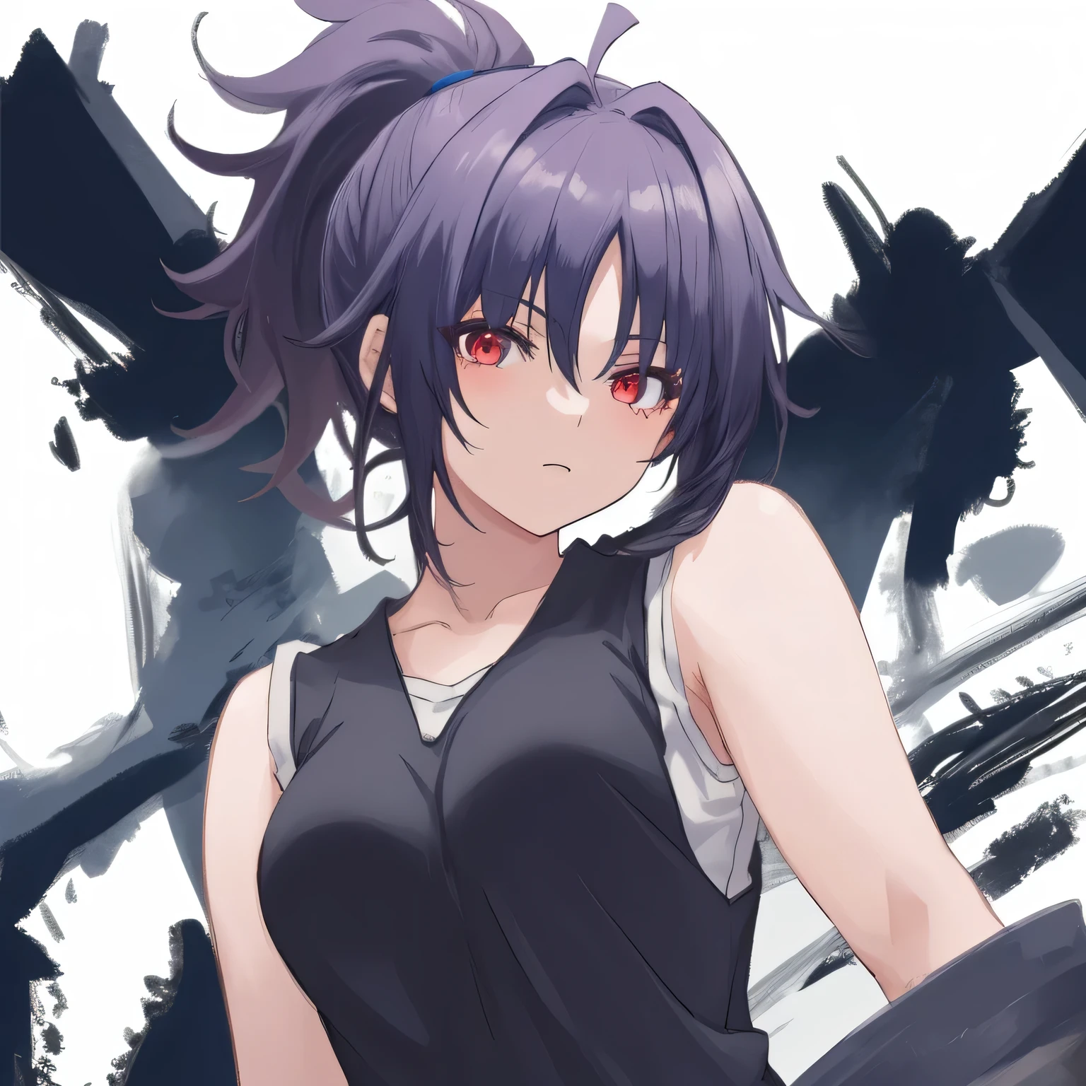 1girl, anime, dark_blue_short_ponytail_messy_hair, red_eyes, medium_breasts, sleeveless_vest, white_background, looking_at_viewer