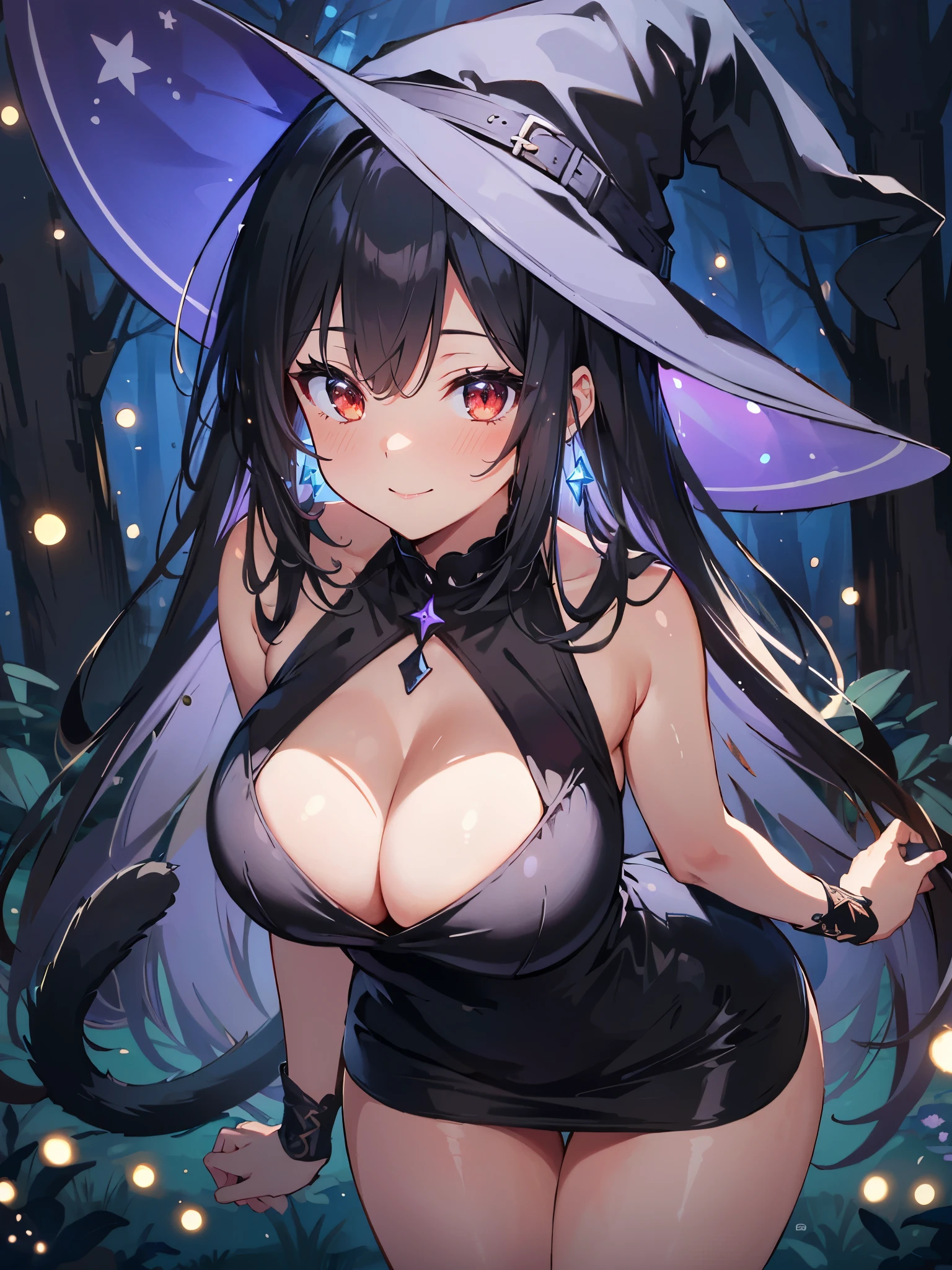 high quality, ultra detailed, best quality, insanely detailed, beautiful, masterpiece, 1girl, solo, illustration, night forest, particle lights, cowboy shot, looking at viewer, red eyes, long hair, bangs, black hair, witch, witch hat, bodycon dress, cat tail, large breasts, cleavage, thighs, closed mouth, smile, blush