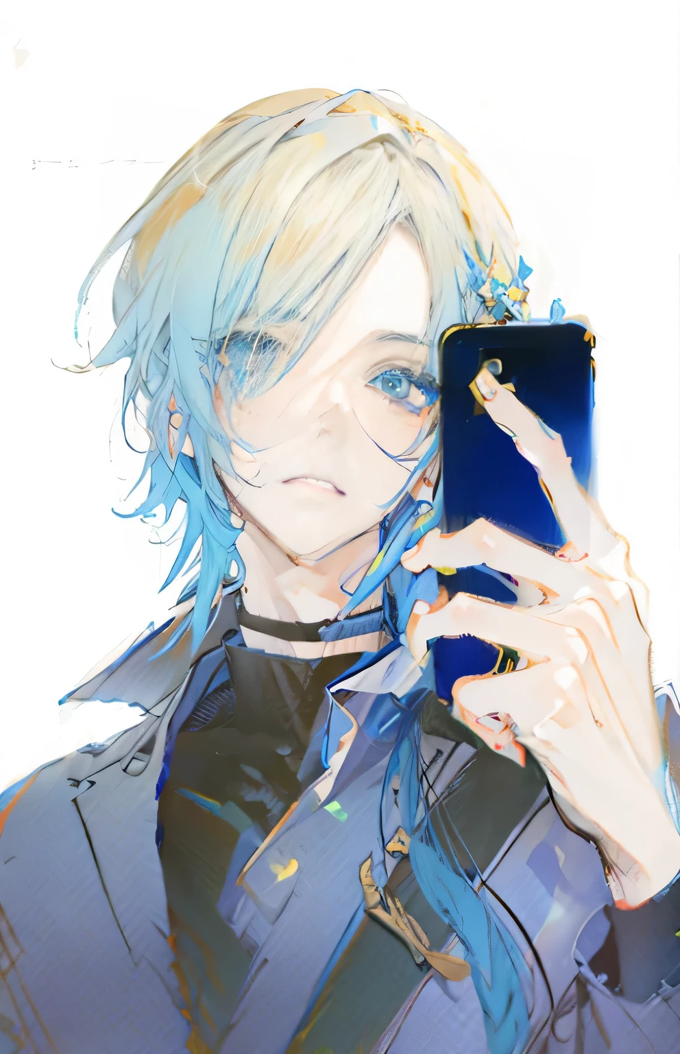 anime character with blue hair holding up a cell phone, 2 d anime style, tall anime guy with blue eyes, delicate androgynous prince, beautiful androgynous prince, looking at his phone, accidentally taking a selfie, ((blue)), with blue skin, in an anime style, selfie!!!!!, phone!! held up to visor, taking a selfie