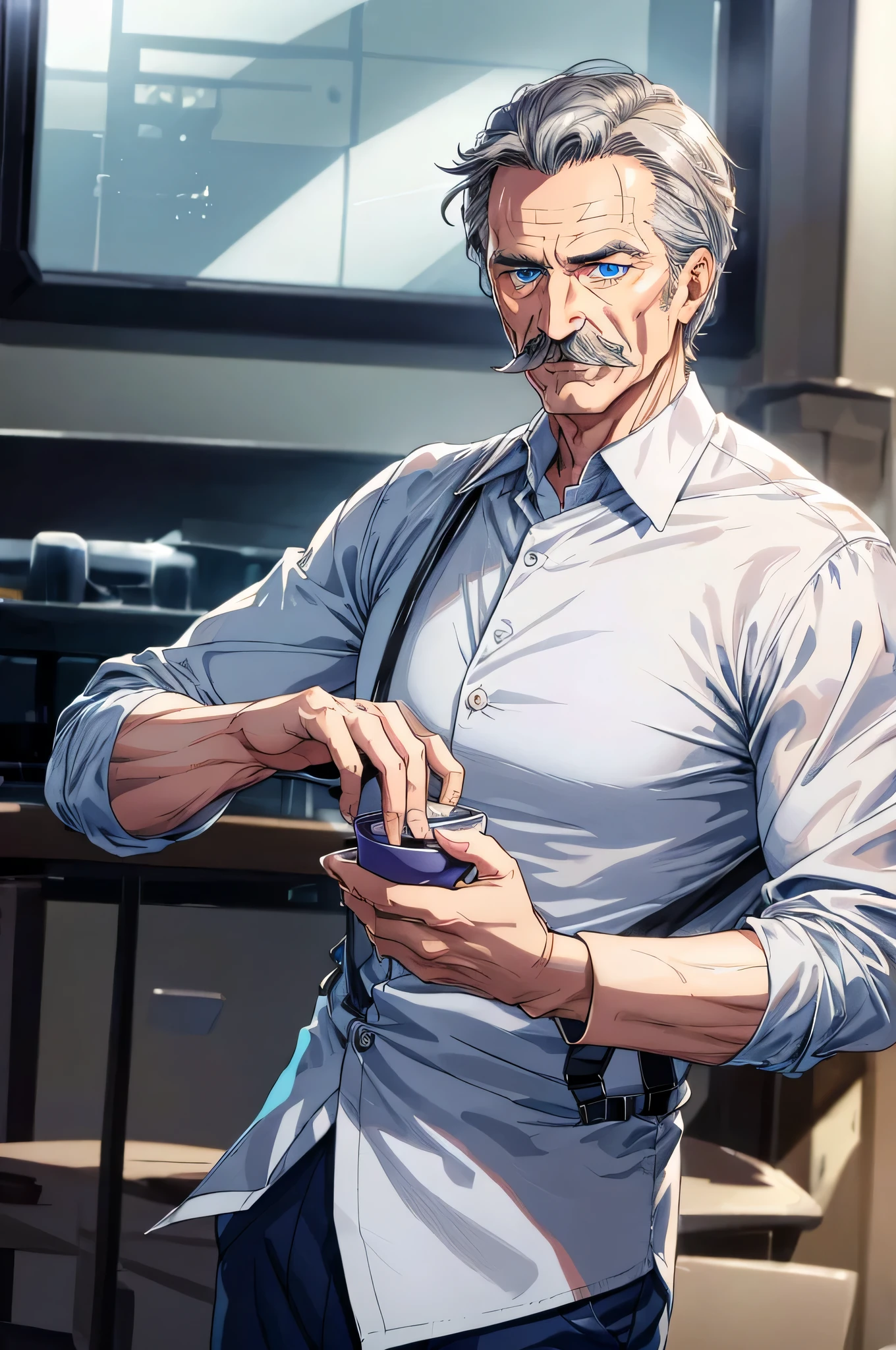 gray hair, blue eyes, short hair, man, beautiful, 8k, masterpiece, handsome, old, moustache, face wrinkles, dress shirt, face wrinkles, best quality, hi-res, hi-resolution, dress shirt, suspenders, slacks, holding cup