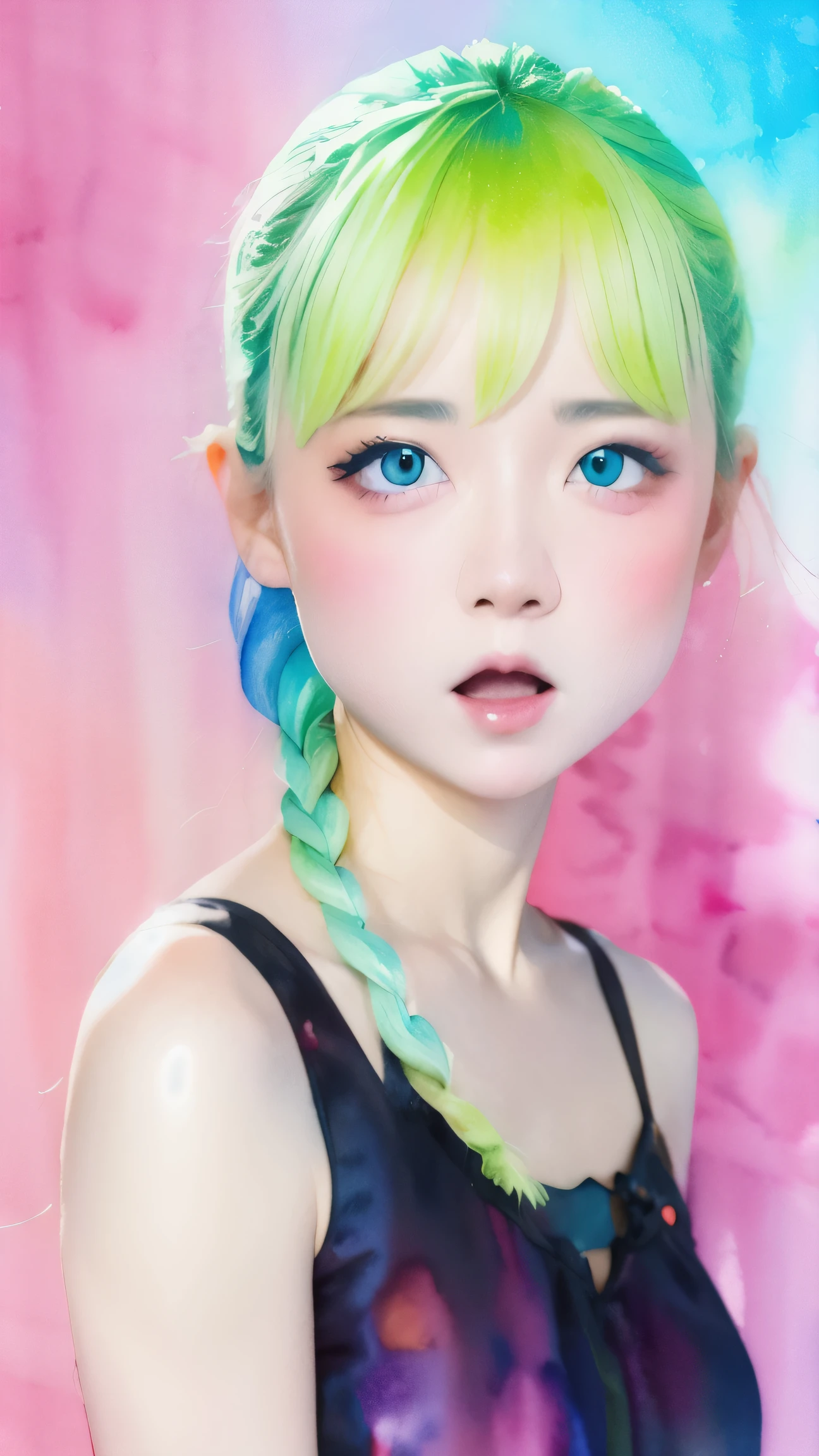 (((Bright colored watercolor style background:1.2)))、one girl、１６talent、anatomy、small face、small、small鼻、Pale pink eyes、Loosely braided low ponytail、light pink hair、small breasts、((surprised face:1.5))、black dress open neck dress、random pose、highest quality、High resolution、High resolution、cinematic lighting、professional photographer、