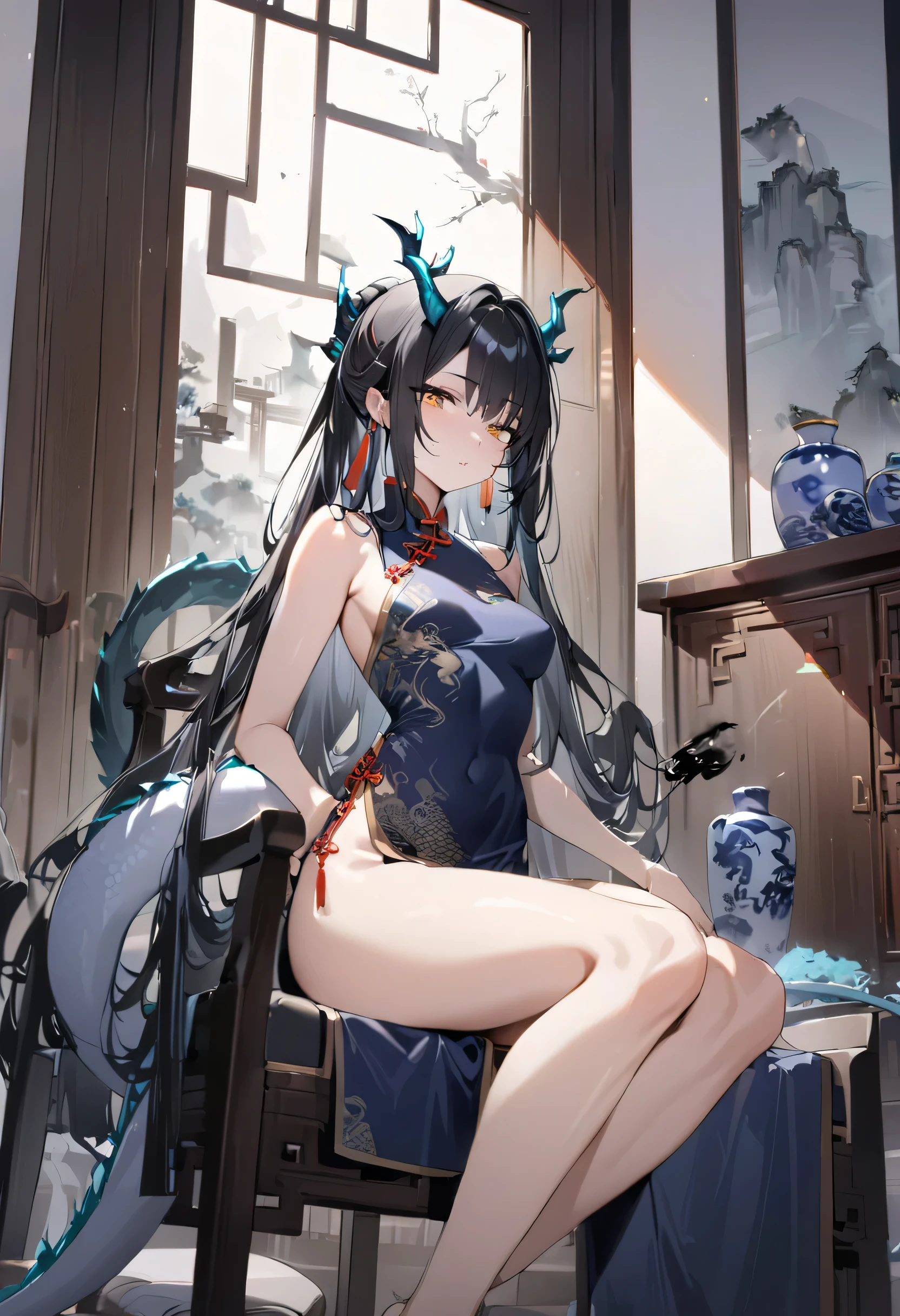 best quality,masterpiece,detailed,light layer,a girl,black hair,silver stain,There are dragon horns in the hair,dragon tail,Antique Chinese clothing,ink,golden eyes,attractive body,medium breasts,ink画,antique bedroom,Tai Shi chair,grace,Hand folding fan