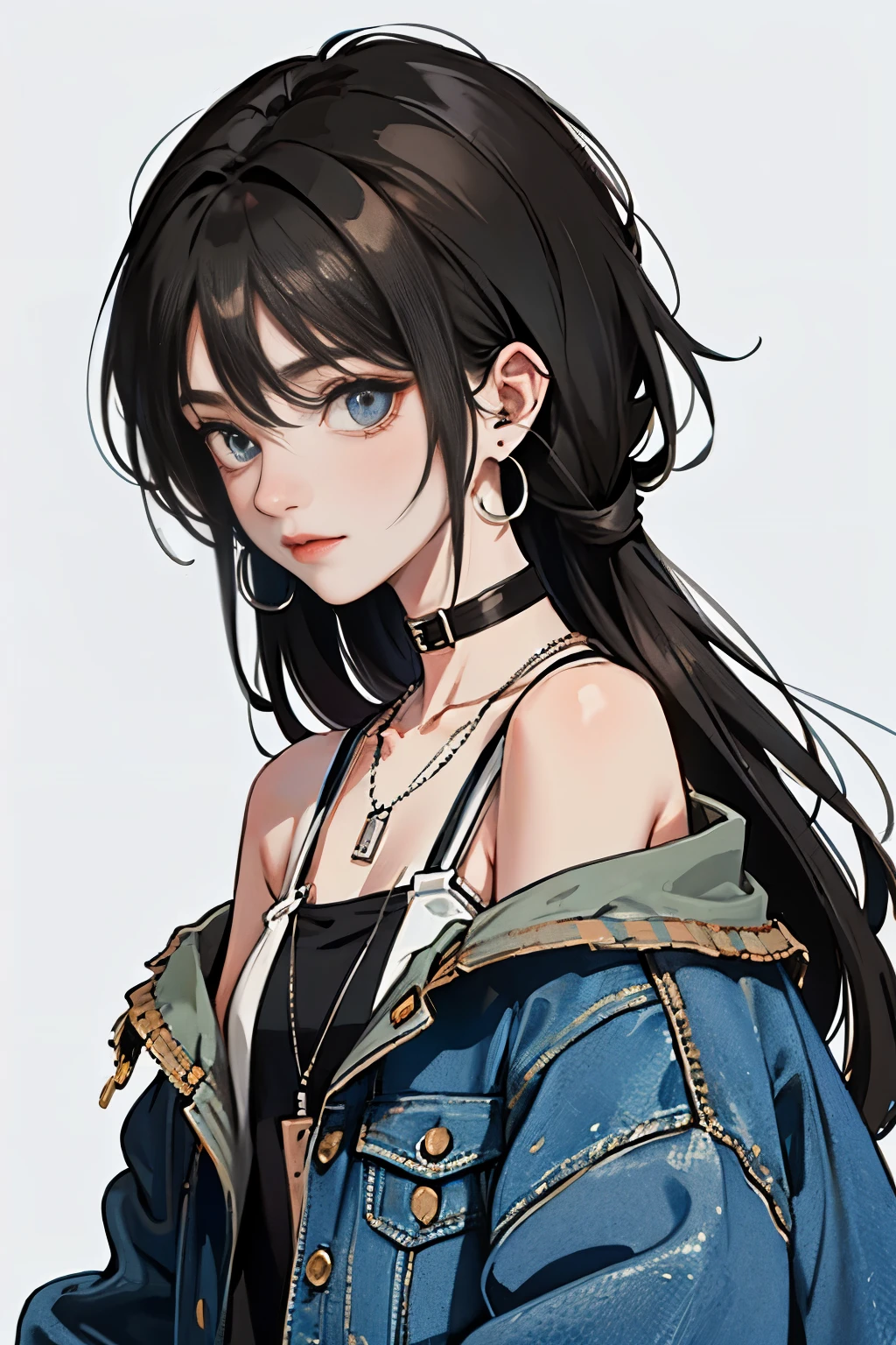 (masterpiece:1.2, highest quality), (1 female, alone, Upper body:1.2), hair: Circular cut, clothing: extra large, Distressed denim jacket with patches and pins, Paired with black skinny jeans and combat boots, accessories: silver hoop earrings and black choker necklace, blue background