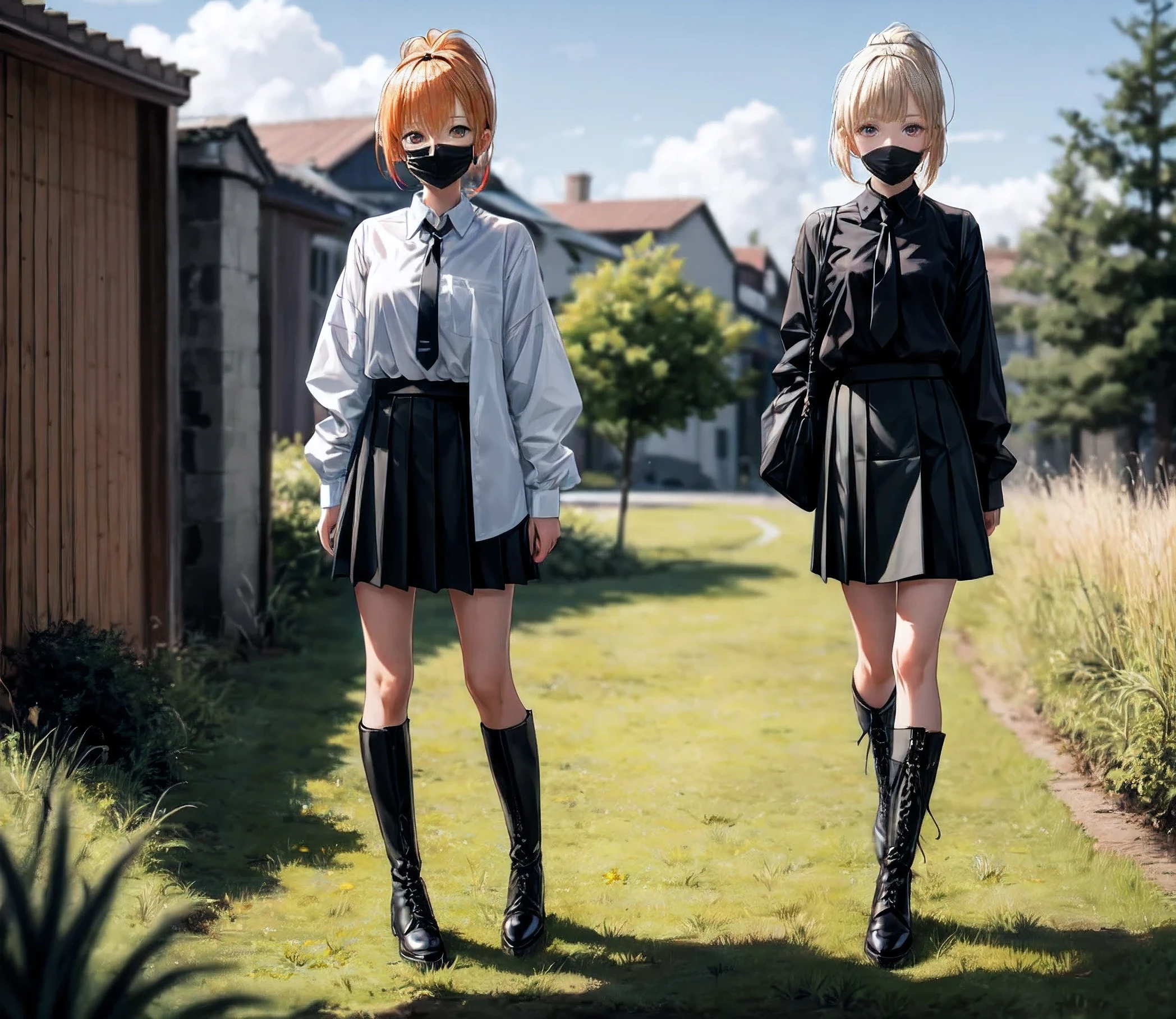 1 woman, skirt, alone, necktie, Black Mask, shirt, outdoors, mouth mask, black skirt, grass, white shirt, black necktie, Short hair, blonde hair, looking at viewer, black shoes, collared shirt, hazy, Boots, hazy background, standing, blunt bangs, long sleeves, bob cut, orange hair, whole body, Black socks, afternoon, shirt tucked in, grassfield background, ponytail, hair style: ponytail