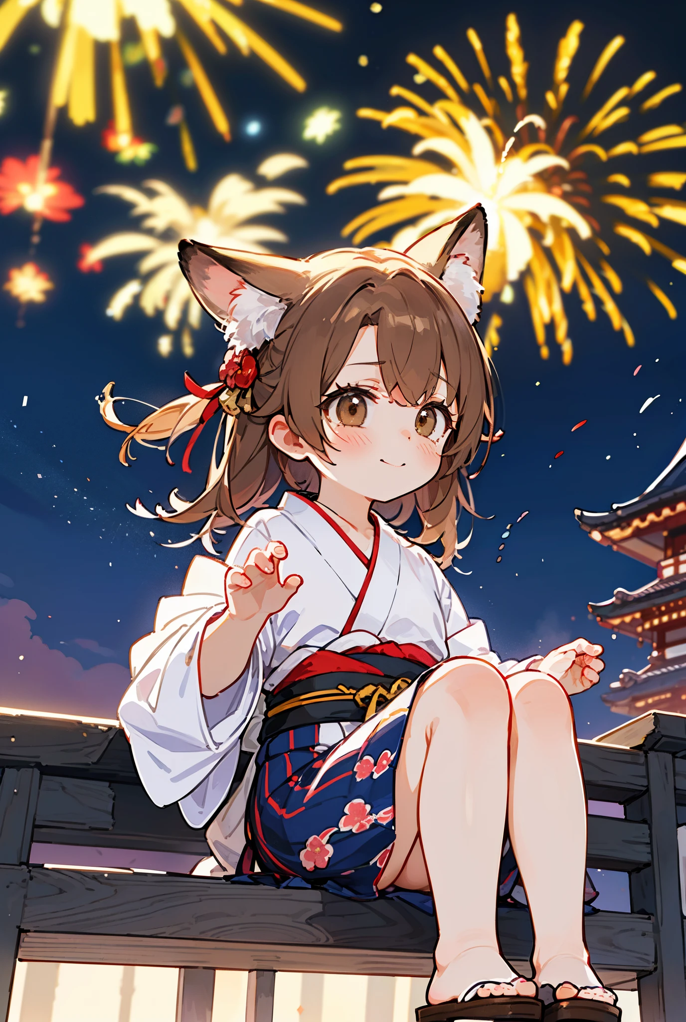 irohaisshiki, Isshiki Iroha, long hair, brown hair, (brown eyes:1.5), smile,animal ears fox ears,animal caudal fin fox tail,flower hair ornament,Yukata with yellow floral pattern,long skirt,Zori sandals,firework in the night sky,firework,The place is a firework display,Time is night,sunny day,So that the whole body is included in the illustration,
break outdoors, 神社
break looking at viewer,
break (masterpiece:1.2), highest quality, High resolution, unity 8k wallpaper, (figure:0.8), (beautiful deしっぽed eyes:1.6), extremely deしっぽed face, perfect lighting, extremely deしっぽed CG, (perfect hands, perfect anatomy),