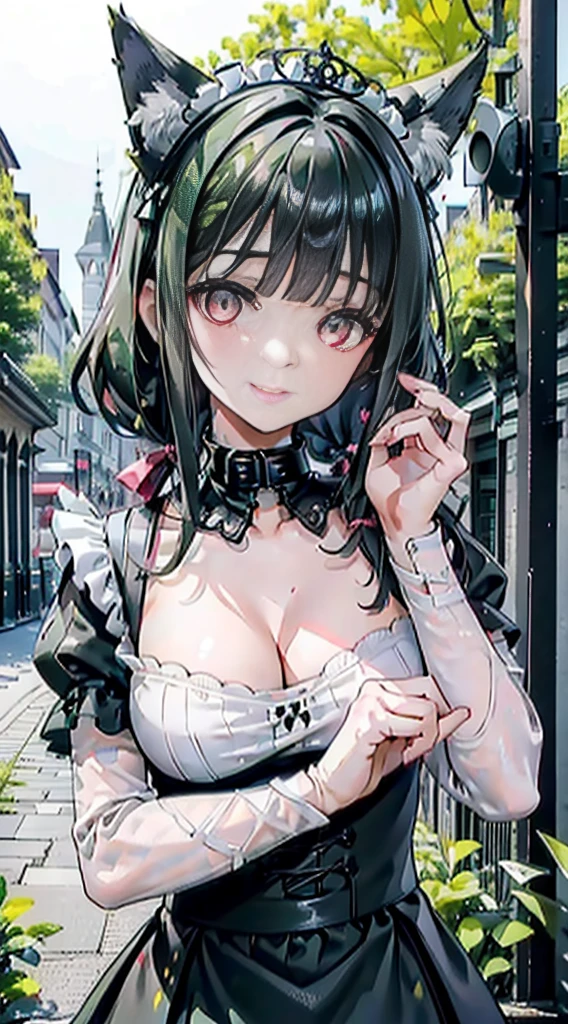 high quality, masterpiece, super detailed, 1 girl, And clearly visible, alone, Green camouflage lace maid outfit,Maid tiara,BDSM,handcuffs,collar,Calm expression,bright red lips,Smile,handcuffs,collar,long black hair, Charming pink eyes, fox ears, ridiculously big, skin shiny, forest,City,ruins