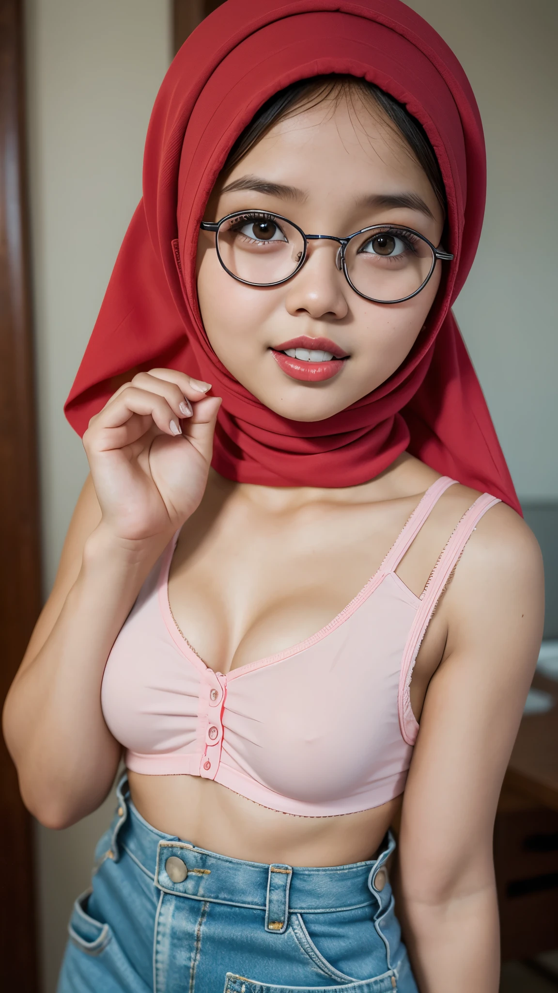 Chubby, Wearing Overalls, Very cute and baby-like face, Naked bra & panty, (((HIJAB MALAY GIRL))), masutepiece, High quality, UHD 32K, Realistic face, Realistic skin feeling , A Japanese Lady, , , Very cute and baby-like face, (((FLAT CHEST))), (MATRIX WORLD), ((look In front at the camera and OPEN YOUR MOUTH)), ((())), (((CUTE GIRL))), ((TRANSPARENT)), ((RED LIPS)), ((SPECTACLES)), pastel panty