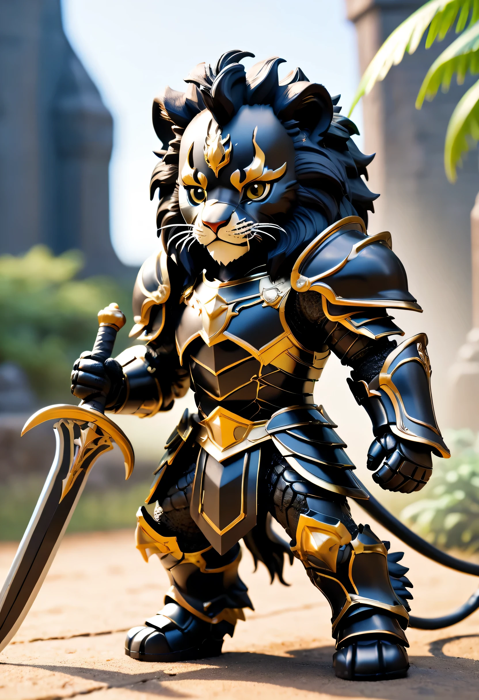 Full body Esbian、cool black lion、pop black lion、Real lions、diorama、simple background、background white、jet black armor、dark Knight、Large sword、highest quality, Capture the cutest moments, written boundary depth, Super detailed, ultra high resolution, octadale, 8k, 16km race