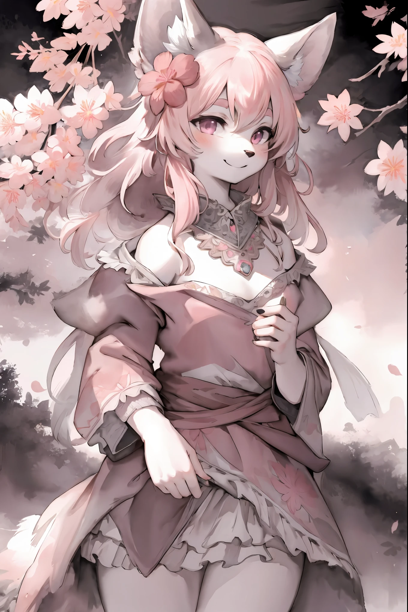 monochrome, watercolor, highres, top quality, best quality, paid reward available, High-quality illustrations, unparalleled masterpiece, perfect artwork, absurdres, 1girl, kemono, furry, detailed body fur, animal face, animal hand, Archaic Smile, holding a cluster of pink flower in both hands, which are positioned at chest level, She is wearing a simple ring on the ring finger of her left hand, unfocused spread of pink flower, fan-created work shared on platforms Pixiv or Twitter,