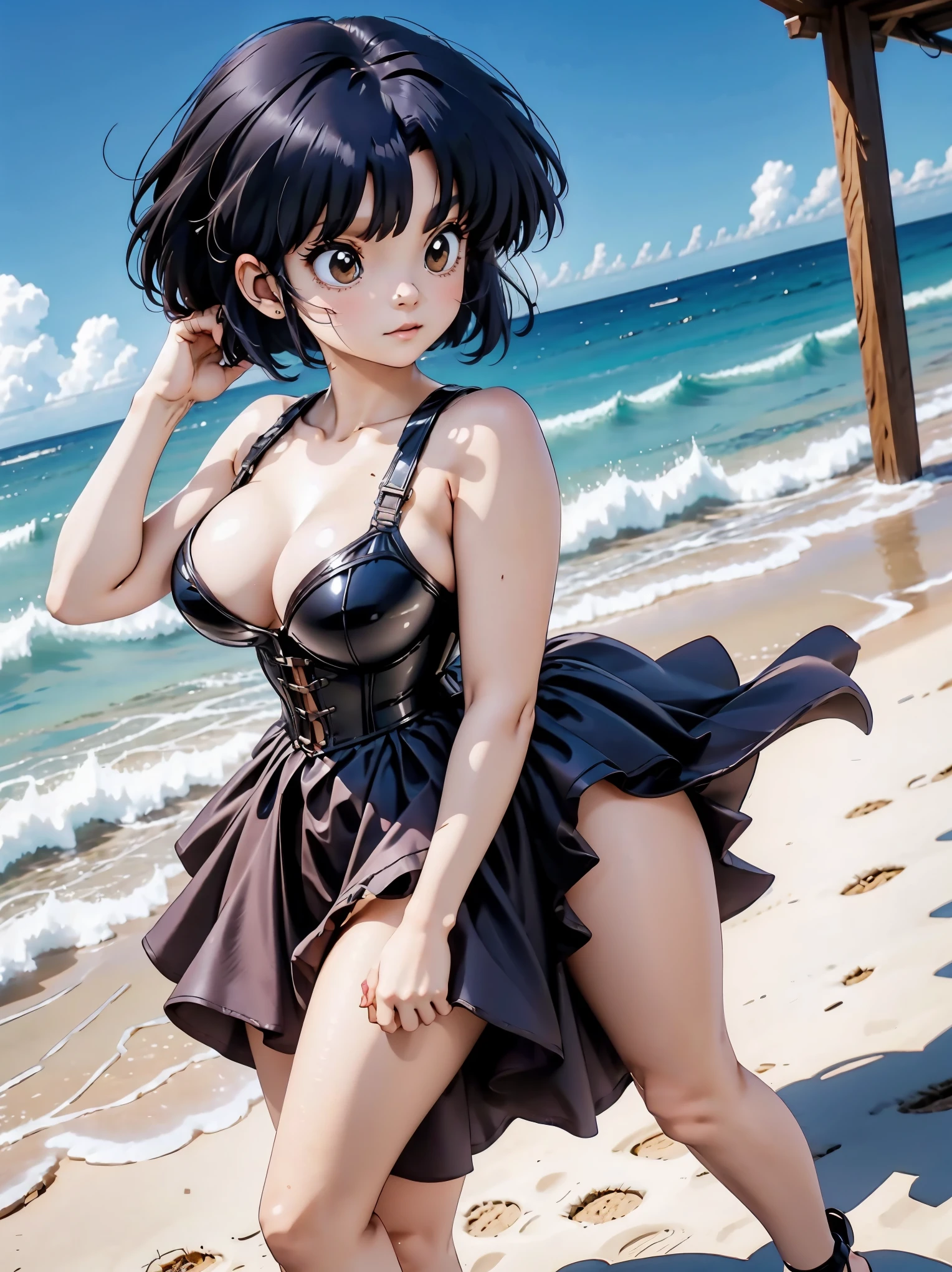 Anime girl with dark bluish hair in bermuda de latex and a latex corset, , beautiful body, big breasts, with her hands on her waist, hands in her hair, Sexy girl, bluish hair, side strands of hair with a pink bow, strands of hair with a bow on the side of the face, beautiful lighting, soft shadows, brown eyes, beautiful toned legs, short hair, anime style, hand on the waist, hand in the hair, character Akane Tendo, Author Rumiko Takahashi, Based on a work by Rumiko Takahashi, Anime Ranma 1 / 2, sexy cleavage, robust hips, full body, full body, big bust, young girl with nice and beautiful body, sandals on her feet, girl 16 years young, wearing bermuda latex and latex corset, anime girl, anime style, beautiful feet in sandals, 45° viewing angle, outdoors, big breast, beautiful breasts, black hair, sandals on feet, beautiful legs, sexy, beautiful legs, Sandals, big breasts, full body, full body, feet with sandals, big bust