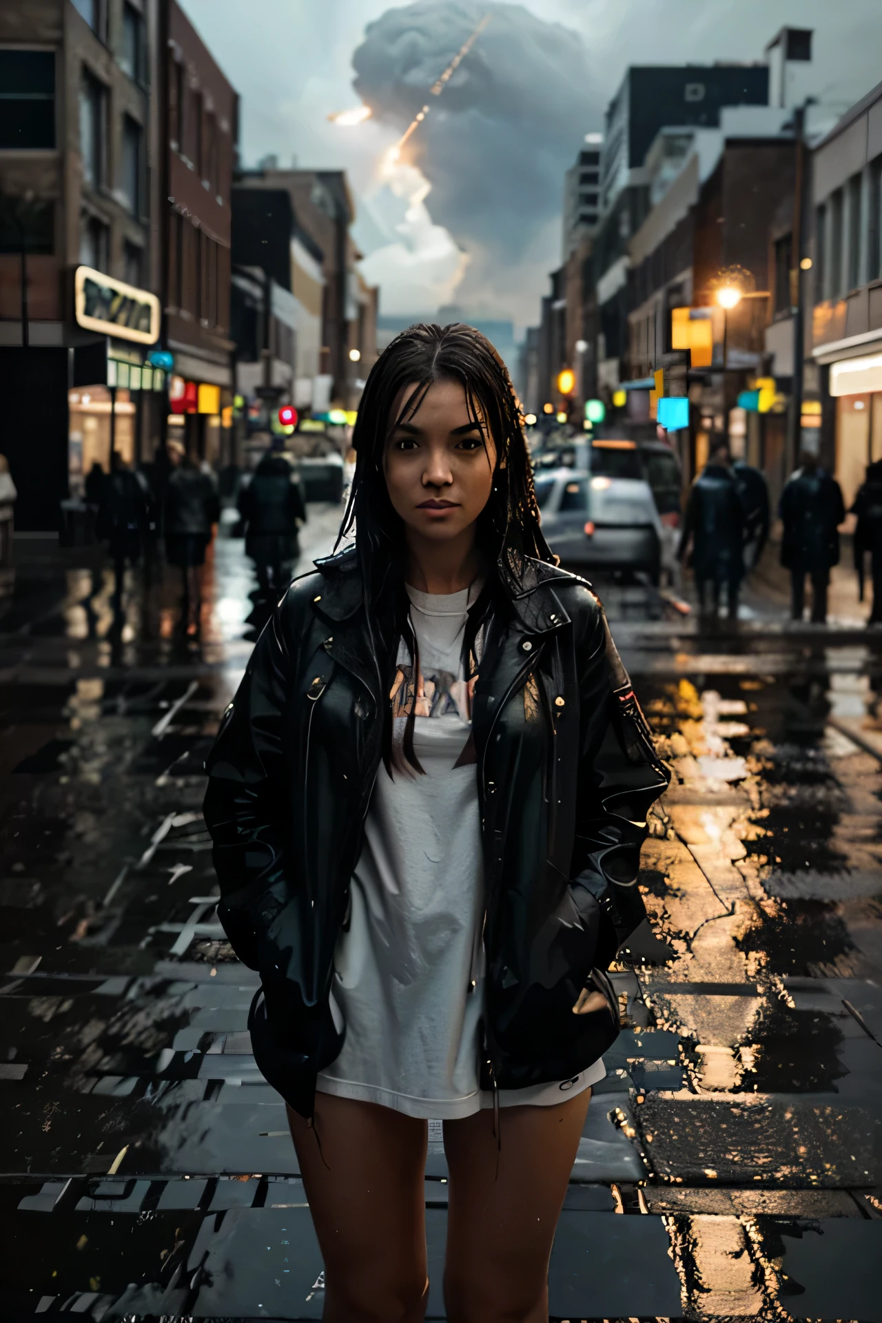 Stormy weather , a girl standing all wet in the streets an looking at a meteor flying over the city