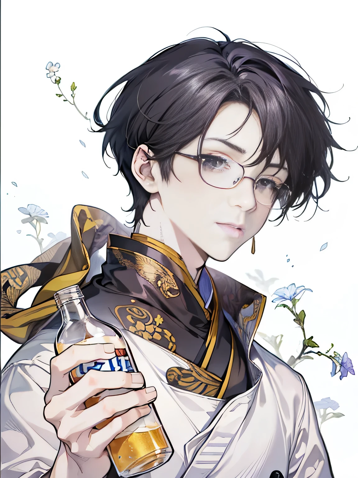 anime boy with glasses holding a bottle of liquid in his hand, by Kamisaka Sekka, inspired by Okumura Togyu, inspired by Okumura Masanobu, with glasses, kentaro miura art style, kentaro miura manga art style, by Okumura Togyu, ( ( ( yoshinari yoh ) ) )scarf，silk scarf，curls