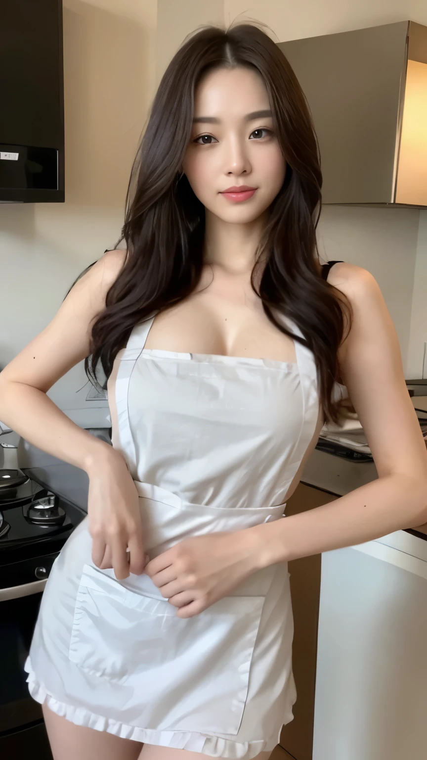 ((top-quality、8k、masterpiece:1.3))、Beautiful woman with perfect body:1.4、slim abdomen:1.2、Longhair, normal breast, Highly detailed facial and skin texture, A detailed eye, delicate eyes, double eyelid, (smile), (full body shot), ((kitchen)), (standing), ((wearing apron)), looking in front