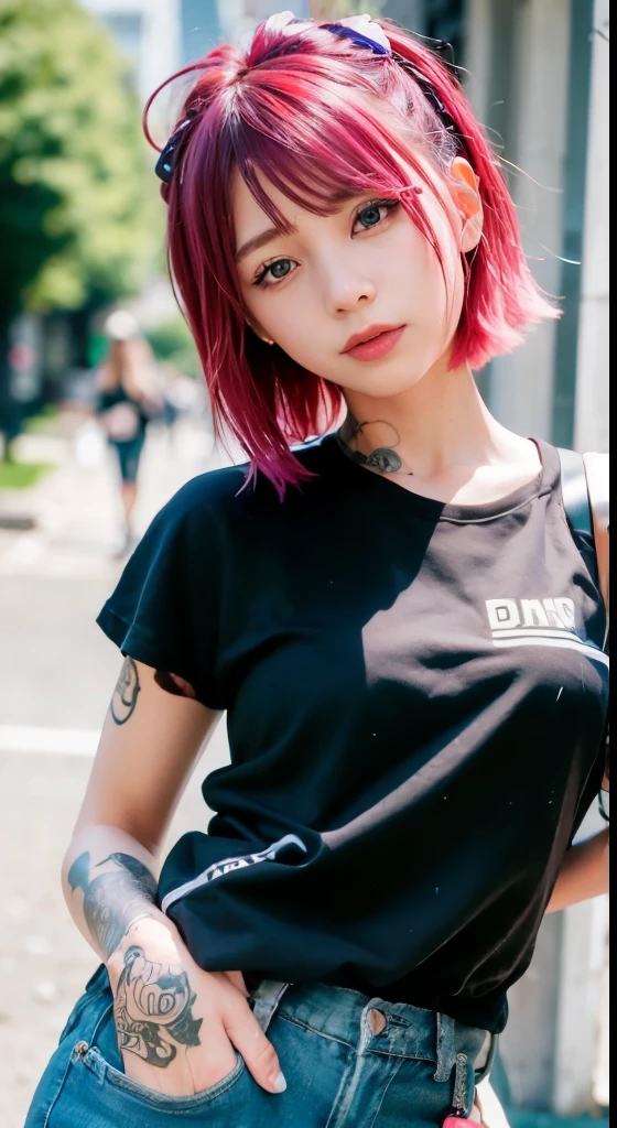 (table top), (portrait), (beautiful), (cute), (Upper body), (high quality), (beautiful服), (Professional angle), (Rule of thirds), (feminine), (woman), , (beautiful),(feminine features), (18-year-old:1.4), alone, woman1名, (attractive punk girl), blue eyes,whole body,face、(laughter:1.5),(frontを向いて:1.2),dramatic light, ((playing the guitar)), it isdgy makeup, (small bust), ((Electric guitar)), (front), (resist的な表情), ((resist)), (Leather jackets and tattoos), ((Short hair)), (dyed (it is.G. and pink) hair), (spiky hair), (Thick hair), matte shine hair, (Hair bands scattered in the hair), (bold and bold look), (white skin), (dark clothes), (band t-shirt), (ripped jeans), Crew neck), ((city alley background)), (close up shot), beautiful hands, both hands, normal hand, upper arm, full hand, beautiful body, beautiful fingers, normal fingers, five fingers, five fingers, (thumb index finger ring finger), beautiful ears, normal ear, beautiful eyes, shining eyes, beautiful mouth, beautiful lips,Medium hair with pink hair, (Pink hair), it isar Hair, , single blade, (single blade), (side blade)