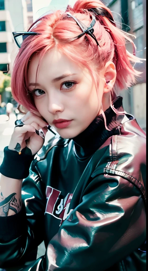 (table top), (portrait), (beautiful), (cute), (Upper body), (high quality), (beautiful服), (Professional angle), (Rule of thirds), (feminine), (woman), , (beautiful),(feminine features), (18-year-old:1.4), alone, woman1名, (attractive punk girl), blue eyes,whole body,face、(laughter:1.5),(frontを向いて:1.2),dramatic light, ((playing the guitar)), it isdgy makeup, (small bust), ((Electric guitar)), (front), (resist的な表情), ((resist)), (Leather jackets and tattoos), ((Short hair)), (dyed (it is.G. and pink) hair), (spiky hair), (Thick hair), matte shine hair, (Hair bands scattered in the hair), (bold and bold look), (white skin), (dark clothes), (band t-shirt), (ripped jeans), Crew neck), ((city alley background)), (close up shot), beautiful hands, both hands, normal hand, upper arm, full hand, beautiful body, beautiful fingers, normal fingers, five fingers, five fingers, (thumb index finger ring finger), beautiful ears, normal ear, beautiful eyes, shining eyes, beautiful mouth, beautiful lips,Medium hair with pink hair, (Pink hair), it isar Hair, , single blade, (single blade), (side blade)