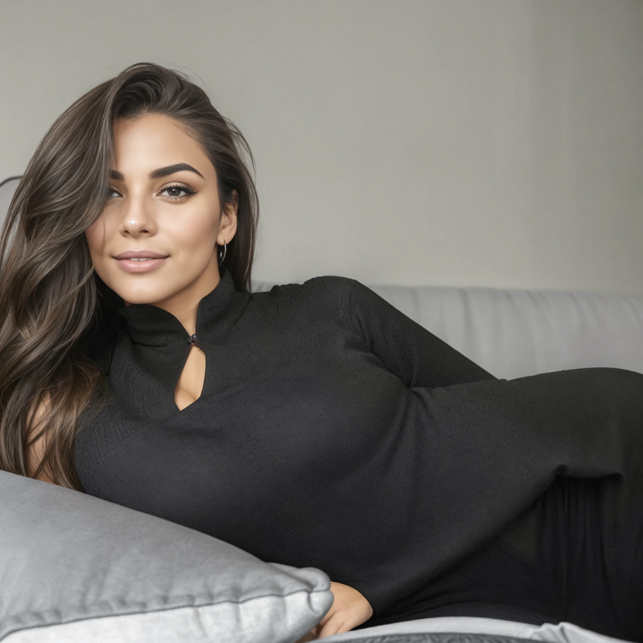 Jovem latina, portant de la lingerie preta sexy, watch on the canapé, pernas abertas, corpo sexy, (8k), (melhor qualidade), (Chefe de&#39;obra de arte:1.3), (realista), (Photorealista:1.34), ultra-detalhado, [lindos olhos detalhados], (sourire), (sourire), (lindo nariz detalhado), [cabelo loiro muito longo], (top recortado), lingerie preta, (excelentes seios de tamanho normal), (Grande plano), profundidade de campo, Full body view, sitting not sofa, pernas abertas, Montante l&#39;entrejambe, feet in the air