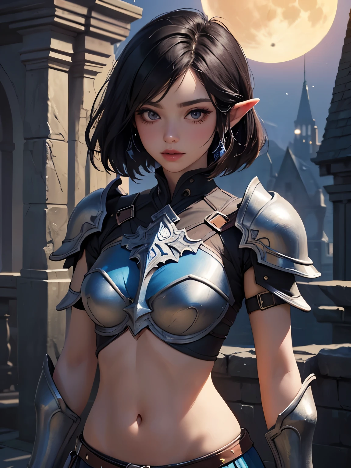 (((Best Quality))), ((Ultra-detailed)), (extremely detailed photo), ((extremely delicate and beautiful)),(Cute delicate face), ((masterpiece)), perfect ???????, intricate, (highly detailed), masterpiece, photorealistic,A 17 years old dignified girl,(blue and black sexy armor), (upper body),(Background of Hyrule Castle),((Crimson full moon night)),(holding Link's Master Sword),tall girl,black hair,alone,short hair, double eyelid,delicate skin,slender body shape