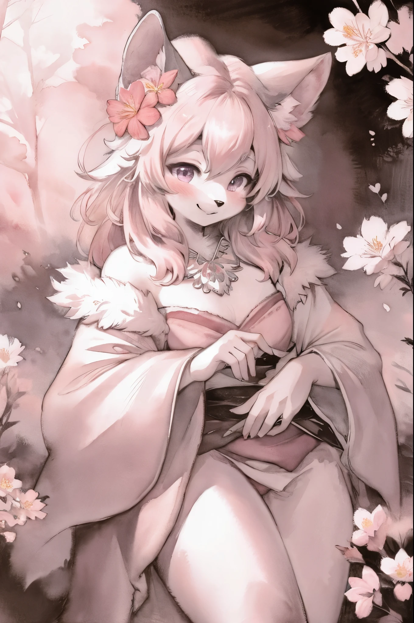 monochrome, watercolor, highres, top quality, best quality, paid reward available, High-quality illustrations, unparalleled masterpiece, perfect artwork, absurdres, 1girl, kemono, furry, detailed body fur, animal face, animal hand, Archaic Smile, holding a cluster of pink flower in both hands, which are positioned at chest level, She is wearing a simple ring on the ring finger of her left hand, unfocused spread of pink flower, fan-created work shared on platforms Pixiv or Twitter,