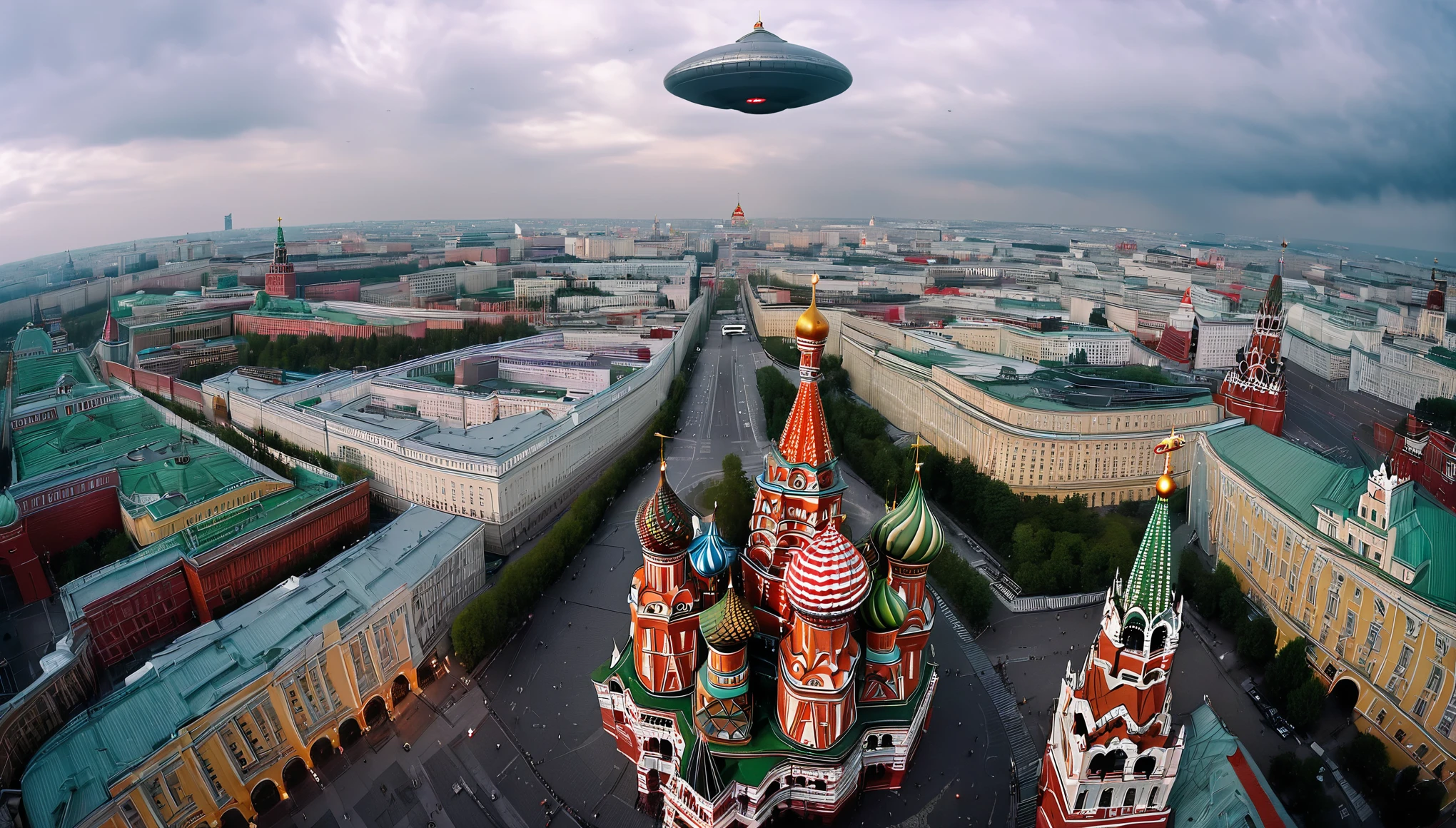 Documentary style aerial photography of an unidentified flying object, a large saucer-shaped craft with bright lights, hovering ominously over Moscow's Red Square, full framing showing the UFO, the Kremlin's domes, and St. Basil's Cathedral in the background, under gloomy overcast lighting, shot from a drone mounted GoPro HERO10, wide angle lenotion blur effect:1.3), (grainy film filter:1.4), in the style of Arno Rafael Minkkinen