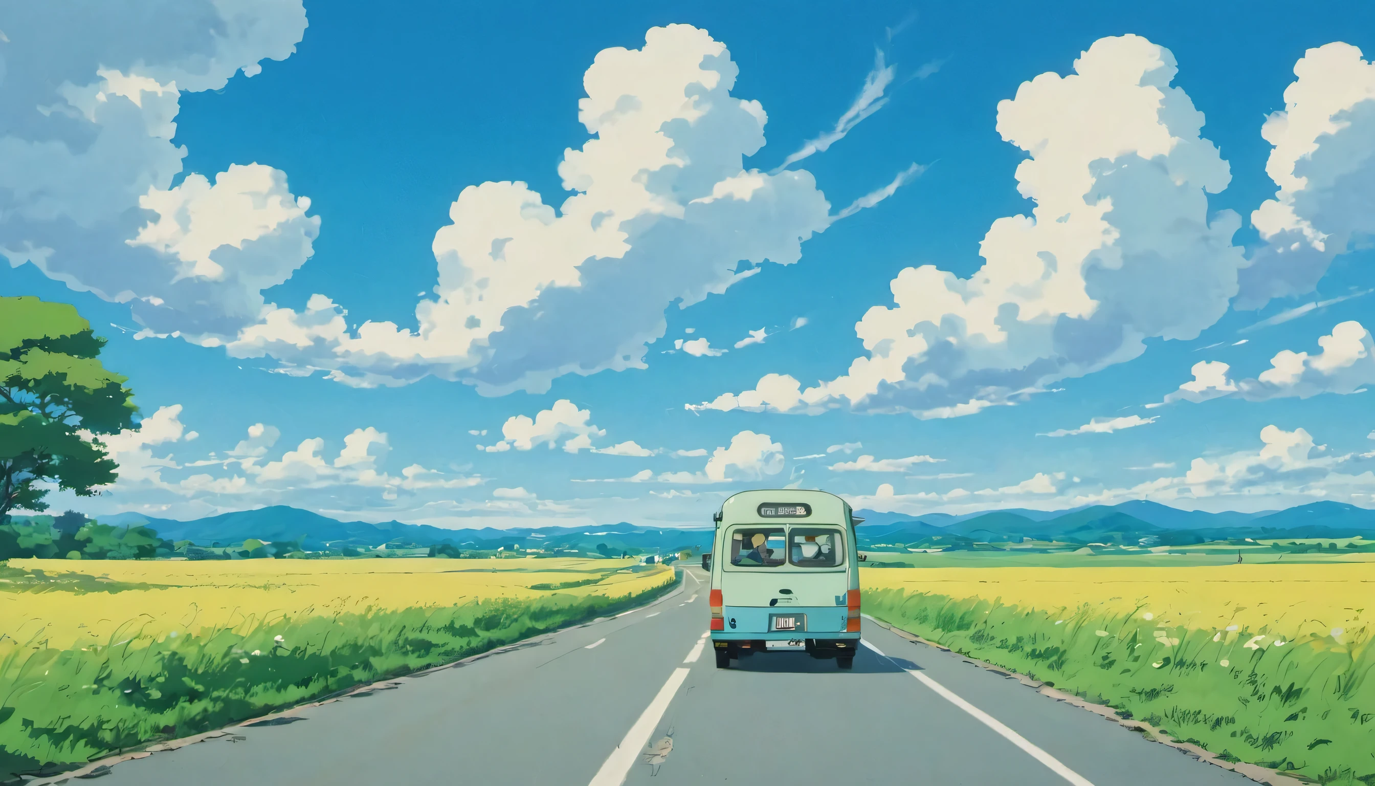 (Minimalism:1.4), There is a minibus on the road, Studio Ghibli Art, Miyazaki, Pasture with blue sky and white clouds