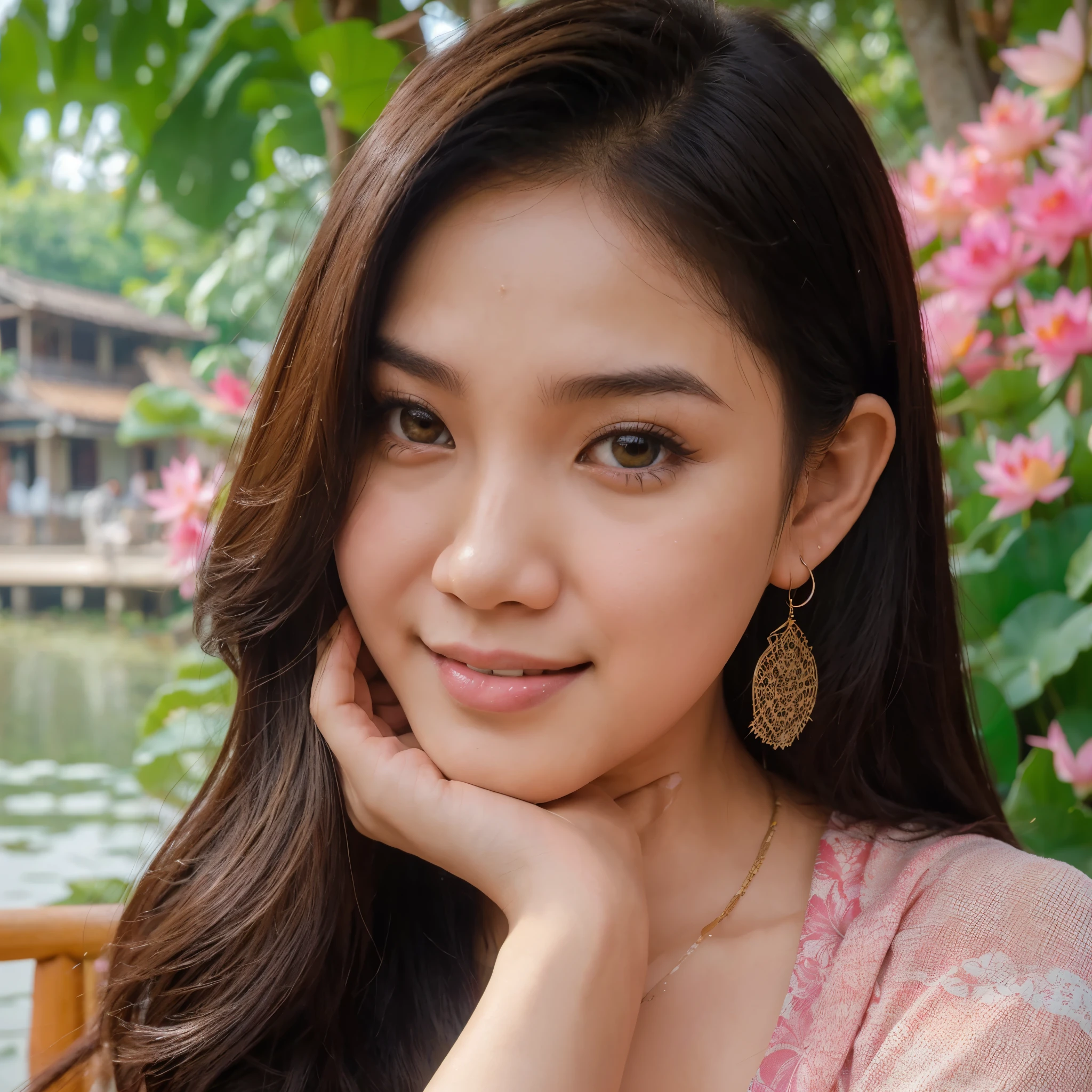 สร้างภาพ
Full body Photo, sunlight, wind blowing, lush forest. A chubby Vietnamese girl, 20 years old, cheerful personality, white skin, clear face, cute, wearing a cream-colored sarong that blows dynamically in the wind, flowing waist, soft sarong (standing holding a lotus) swings in the wind.