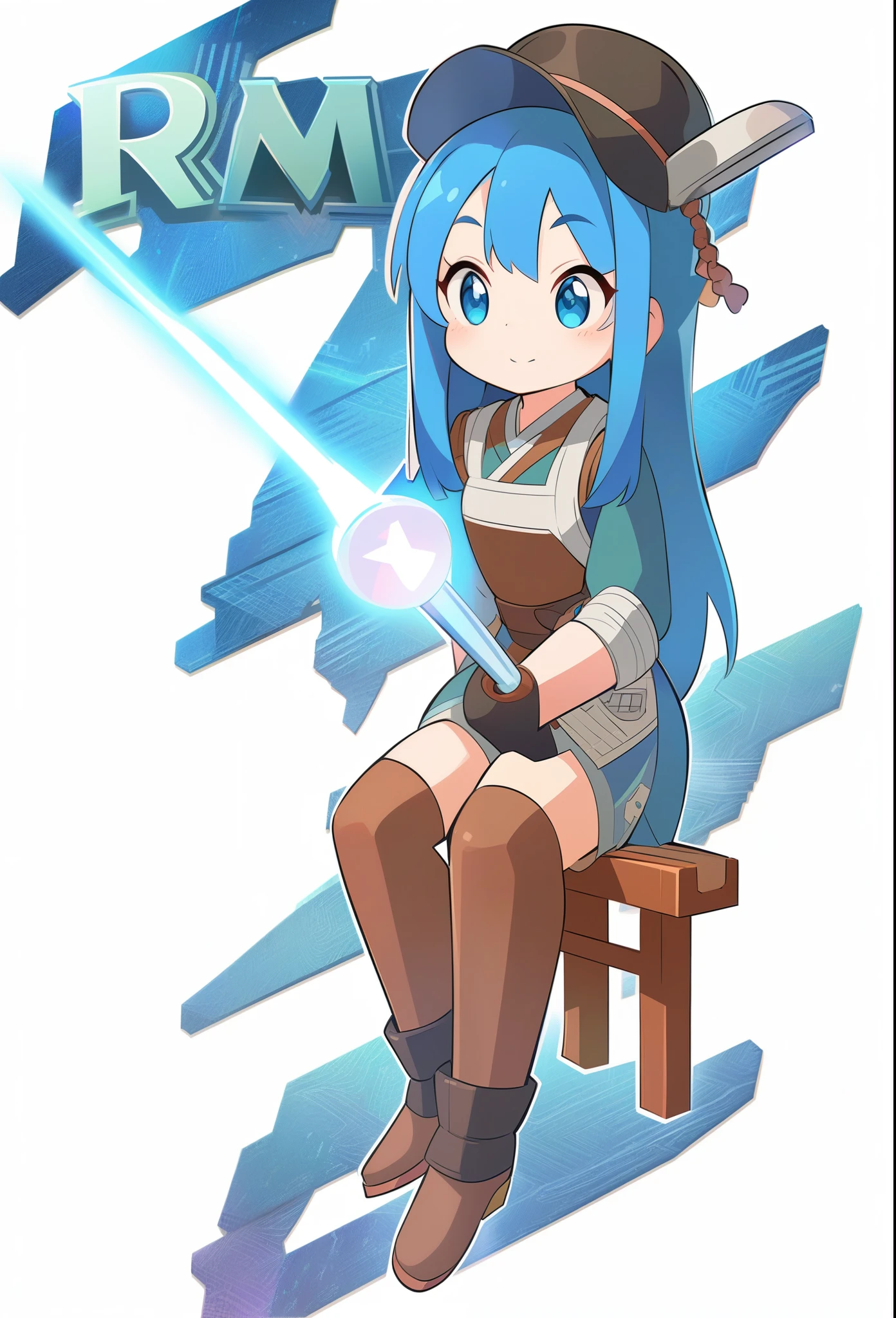 anime girl with blue hair and hat sitting on a bench, 2D animation style, Tool competition!! blue, anime stylization, Anime cute art style, Rune Factory 5 art style, 2D animation, anime style characters, heroes 2d fan art artstation, stylized anime, epic anime style, fantasy style anime, anime art style, QR diagram art。Japanese anime lucky star spring recipe