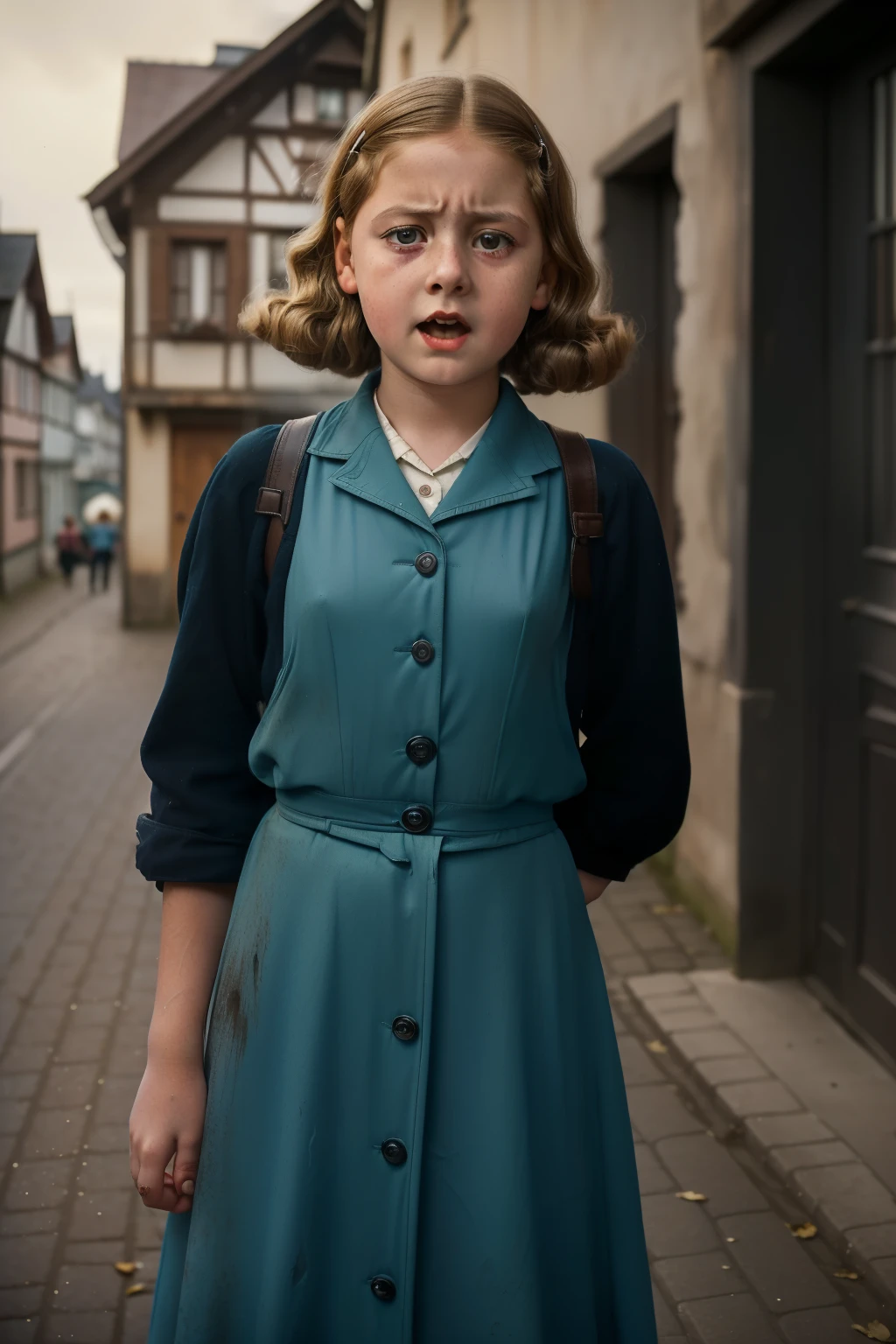 Molching, Germany, 1942. ((((-yeld)) sel Meminger)), very thin, kind, big-hearted, dangerous dark eyes, standing in the street, ((((fear expression, horror cry)))). ((((poor girl clothings from the 1940s)))), ((dark-blond hairstyle of the 1940s))