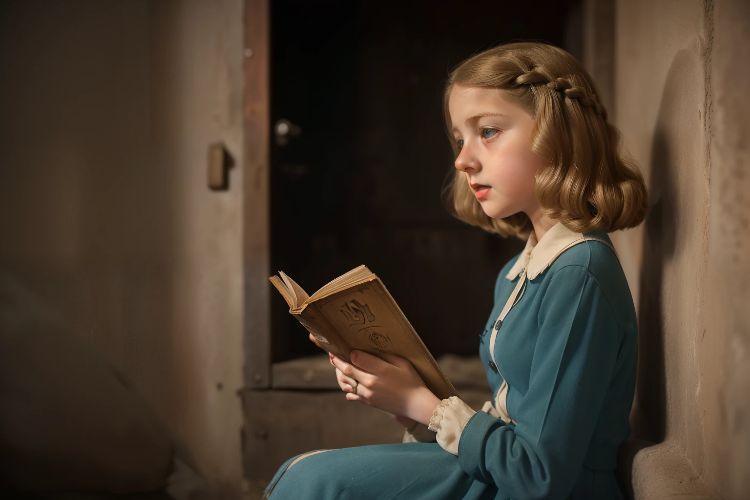 Molching, Germany, 1942. ((((-yeld)) sel Meminger)), very thin, kind, big-hearted, dangerous dark eyes, sitting in a scary basement, reading a book, ((((fear expression)))). ((((casual poor girl clothings from the 1940s)))), ((dark-blond hairstyle of the 1940s))