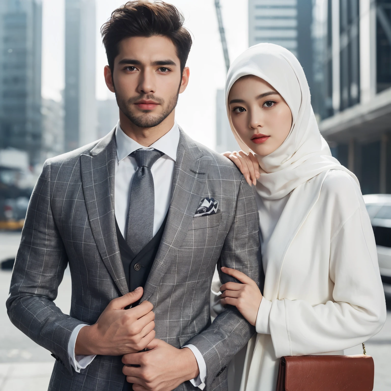 A man and girl,primitive, Masterpiece, ultra fine photos, Best quality, Ultra-high resolution, Realistic, Sunny, full-body portraits, Amazing man, Dynamic posture, exquisite face, Vibrant eyes, Very detailed background, Detailed face, detailed tidy background, Gorgeous, High detail skin, Realistic skin details, Visible pores, Clear focus, volume fog, 8K UHD, Digital SLR, High quality, filmgrain, Fair skin, Realism,(((Handsome man and beautiful girl:1.4)))