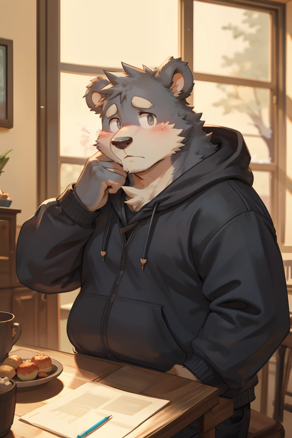 Gray Bear Man, hoodie, social fear, In the dormitory, Looking shyly at the camera, male, blush, Slightly fat