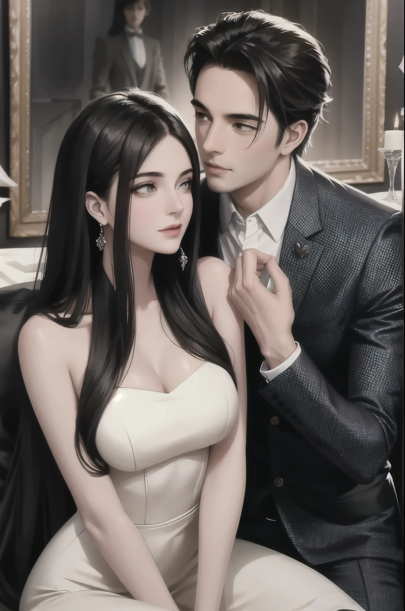 best quality,realistic,man in suit,beautiful woman,hugging from behind,seamless interaction,detailed facial features,gentle expression,tasteful background setting,romantic atmosphere,warm lighting,vivid colors,professional photography,soft focus,blurred background,subtle elegance,artistic composition,high-resolution,love and affection,lovers,emotional connection,embrace,whispering sweet nothings,deep bond,passionate love,attractive couple,intimate moment,classy attire,fashionable couple,stylish couple,confident posture,expressive eyes,subtle smile,tender touch,natural beauty,sophisticated charm,confident body language,charming couple,graceful pose,whispering secrets