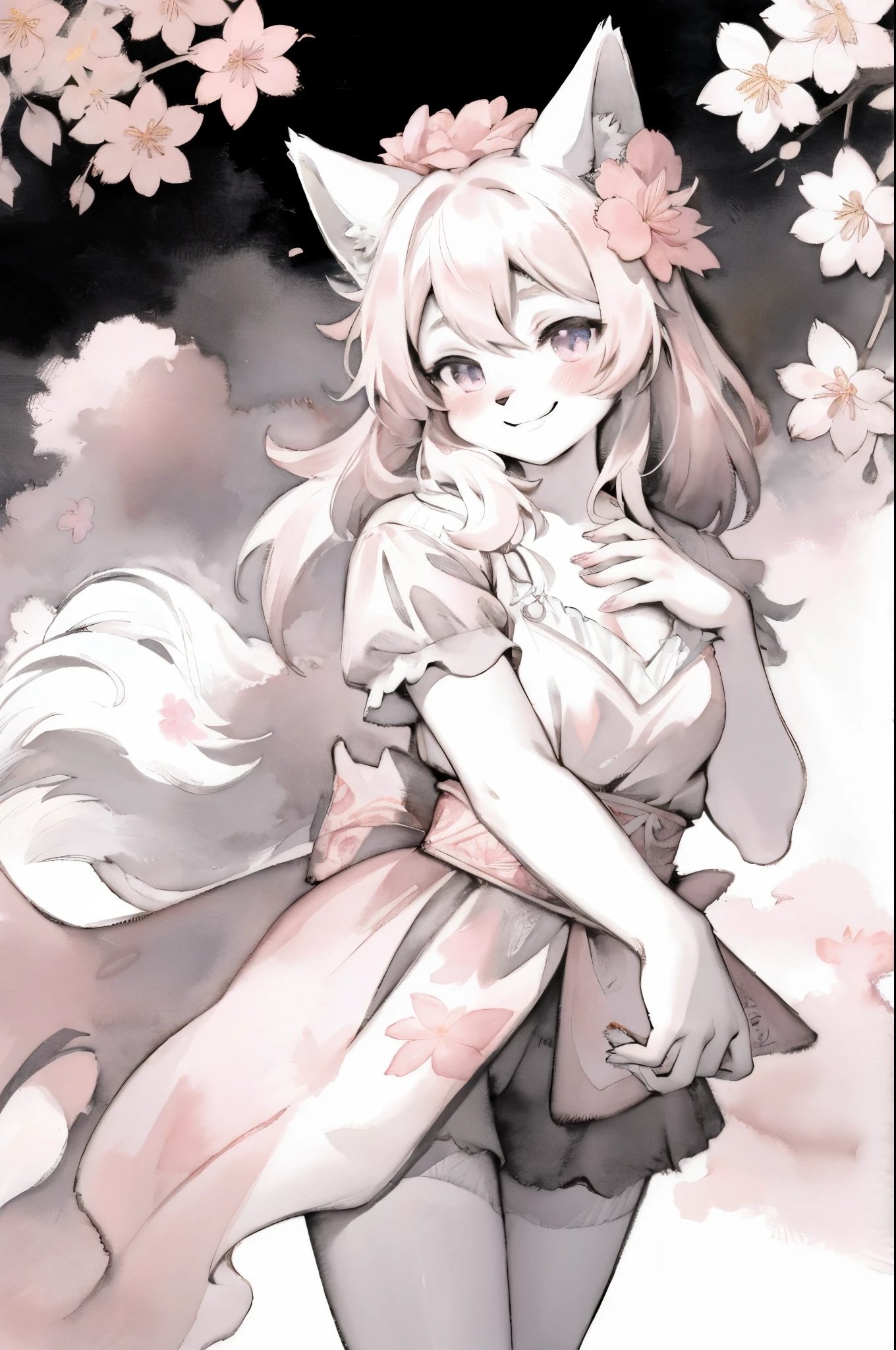 monochrome, watercolor, highres, top quality, best quality, paid reward available, High-quality illustrations, unparalleled masterpiece, perfect artwork, absurdres, 1girl, kemono, furry, detailed body fur, animal face, animal hand, Archaic Smile, holding a cluster of pink flower in both hands, which are positioned at chest level, She is wearing a simple ring on the ring finger of her left hand, unfocused spread of pink flower, fan-created work shared on platforms Pixiv or Twitter,