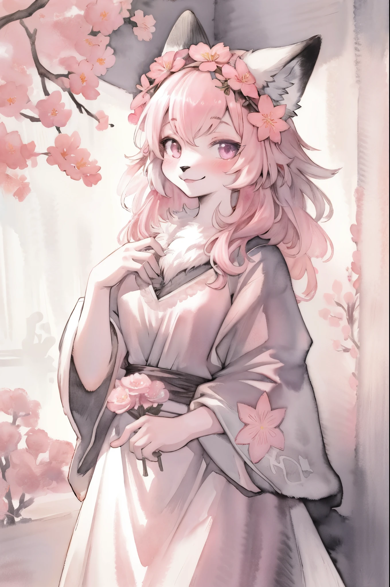 monochrome, watercolor, highres, top quality, best quality, paid reward available, High-quality illustrations, unparalleled masterpiece, perfect artwork, absurdres, 1girl, kemono, furry, detailed body fur, animal face, animal hand, Archaic Smile, holding a cluster of pink flower in both hands, which are positioned at chest level, She is wearing a simple ring on the ring finger of her left hand, unfocused spread of pink flower, fan-created work shared on platforms Pixiv or Twitter,