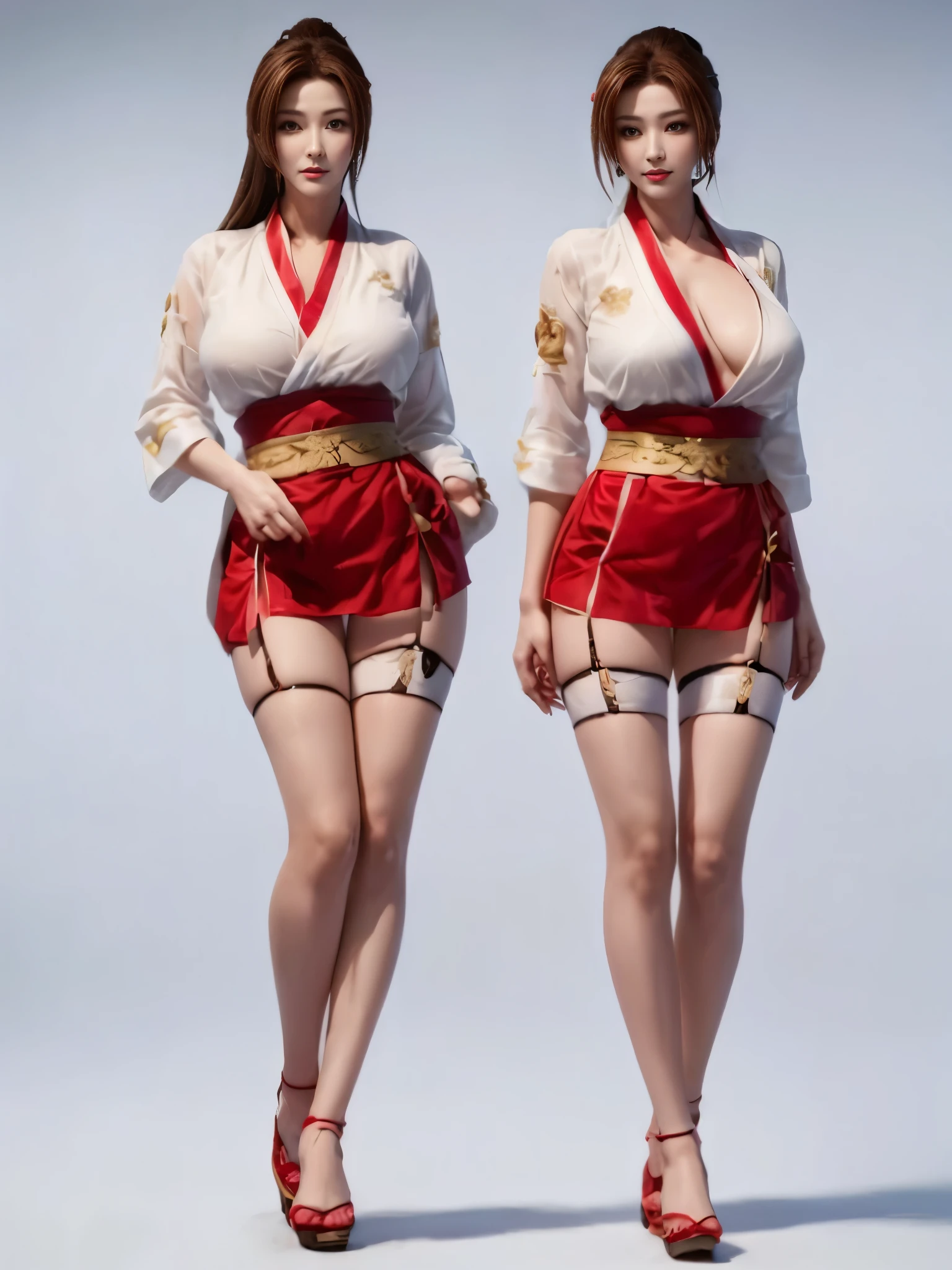 full body display,(Mai Shiranui stands in a circle wearing traditional clothes,supermodel,sexy thighs, black garters,Exposed legs)