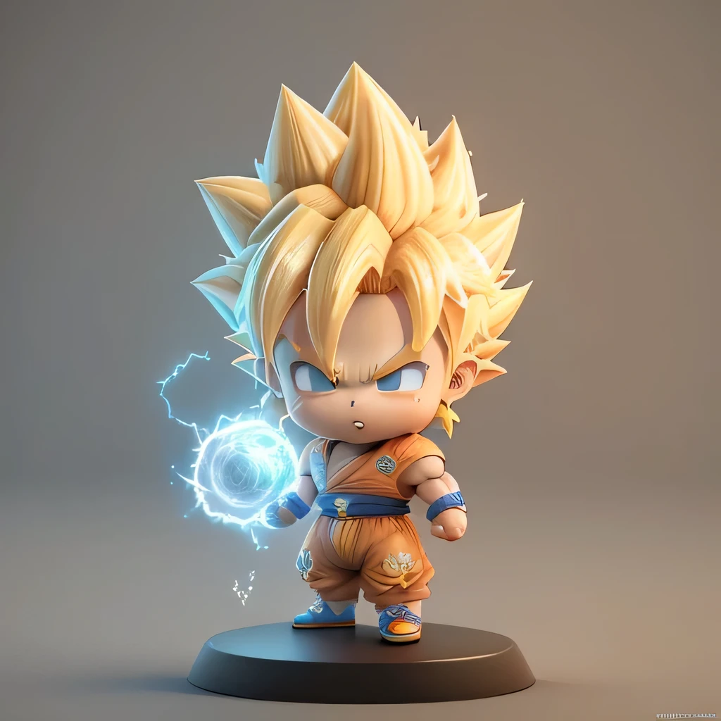 Goku, super saiyan, exquisite hair, arm depiction, yellow and blue hair body, exquisite shoes, eye depiction, exquisite hair, popmart blind box, clay texture, stepping on the land, black and white background, natural lighting, most good quality, super detail, 3D art, c4d, OC renderer, 3D rendering, 8k