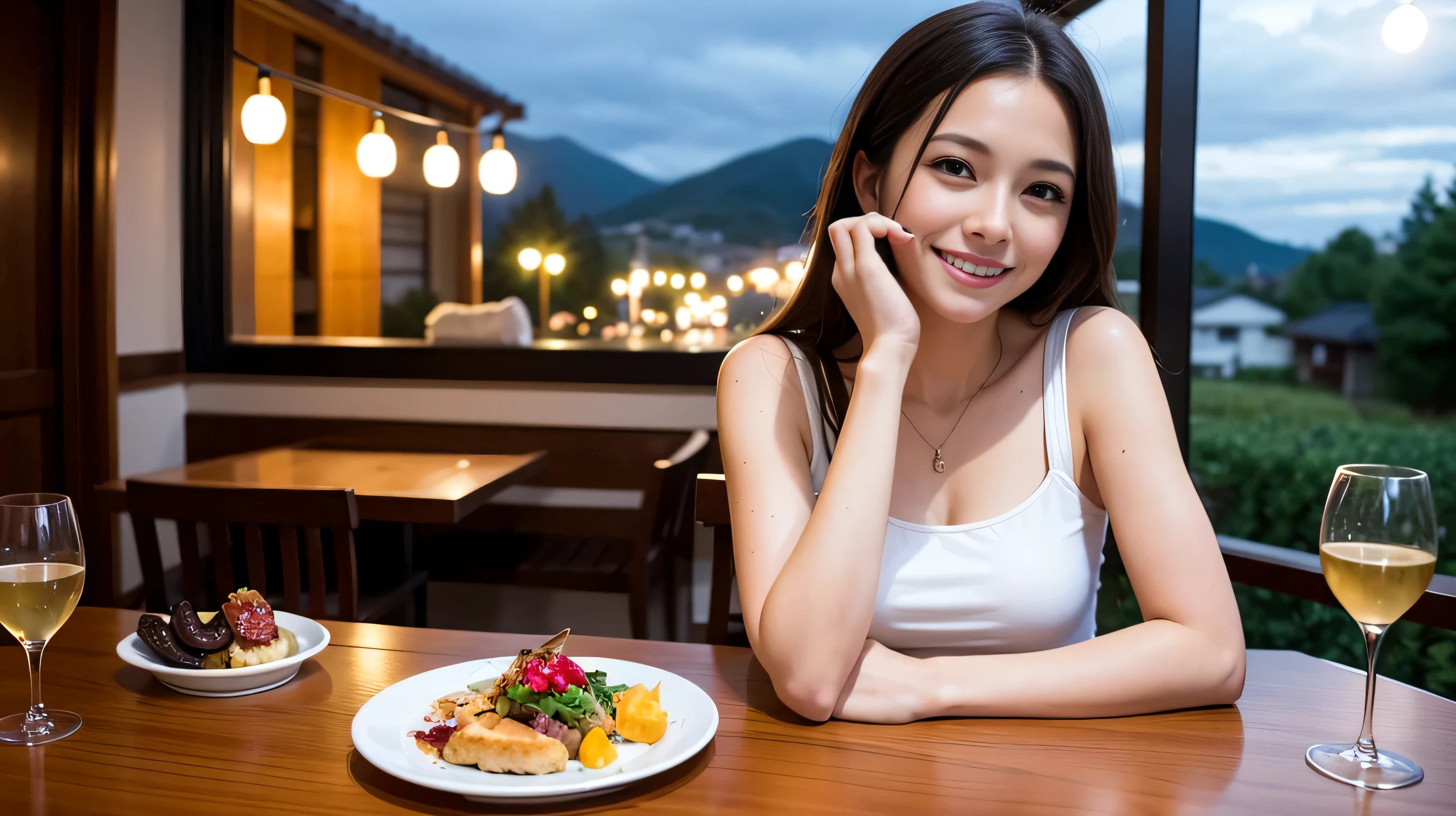(64k, Hmm, highest quality, masterpiece: 1.2), (realistic, photorealistic: 1.37), Spectacular view of the sunset sky and clouds、Amazing mountain views、1 beautiful woman, (slimフェイス), (because I'thin), (brown hair), (shortcut), Fox face、French、Dutch、Italian、cheeks are a little red, (40 years old), 38 years old, alone, 窓の外の美しい詳細な都市のnight景, restaurant, wine glassが座る, nightに, NovaFrogStyle in a prominent place, actress, model, Upper body, White wine, slim, wine glass, Super Clean night View, wine glass Put in the Middle, Happy smile, (smile: 1.15), Beautiful little eyes, Upper body, bust japan up, night, short, short, actress, model, Upper body, White wine, slim, wine glass, Super Clean night View, wine glass Put in the Middle, Happy smile,
