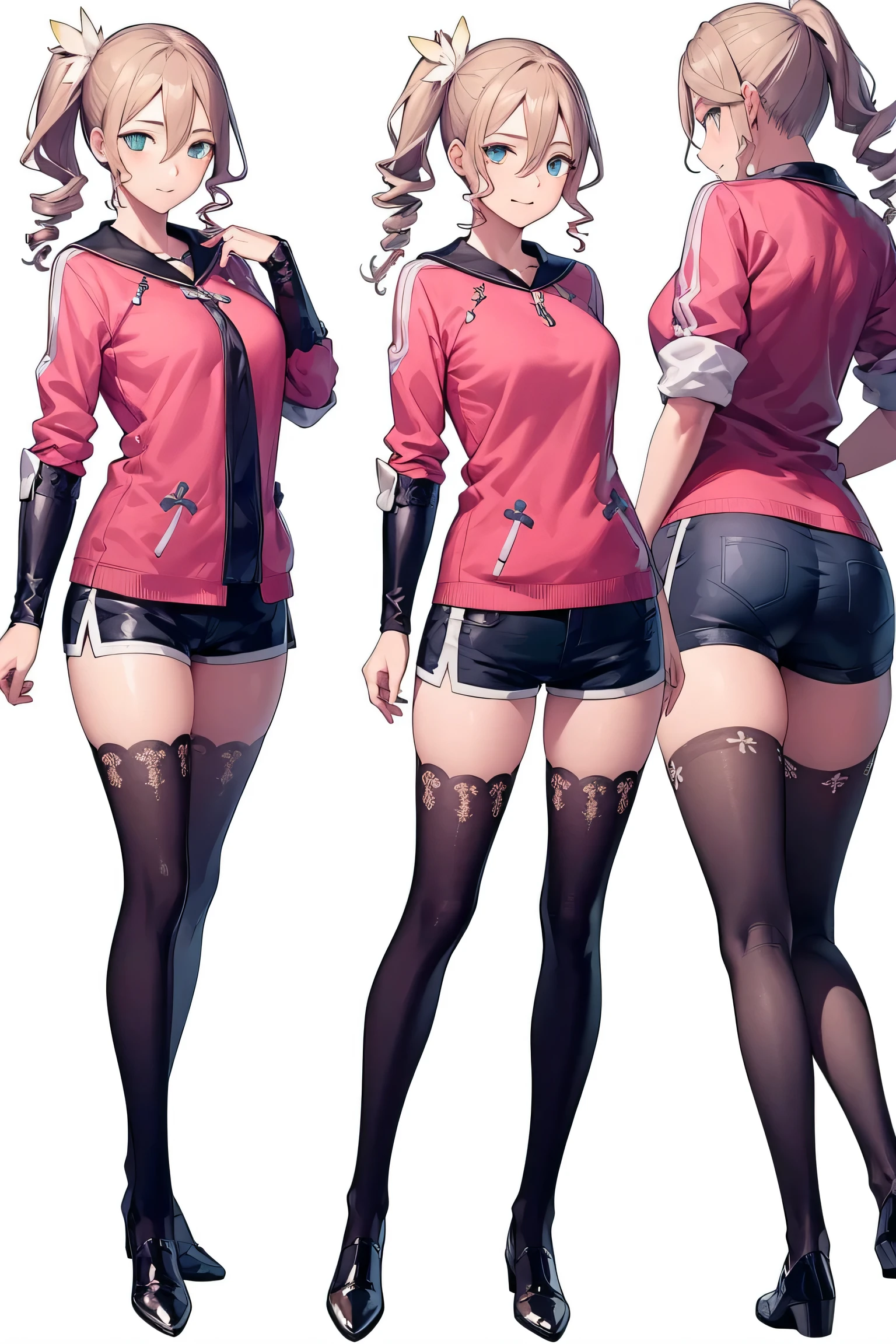 alishadef,side ponytail, drill hair, smile,
BREAK (pink shirt, shorts, thighhighs:1.2),
BREAK   ((sexy )) (multiple views:1.5),from behind,from_front,(blue background:1.3),(full body:1.4),arms at sides, BREAK (((white background))),
BREAK (masterpiece:1.2), best quality, high resolution, unity 8k wallpaper, (illustration:0.8), (beautiful detailed eyes:1.6), extremely detailed face, perfect lighting, extremely detailed CG, (perfect hands, perfect anatomy),perfect face,