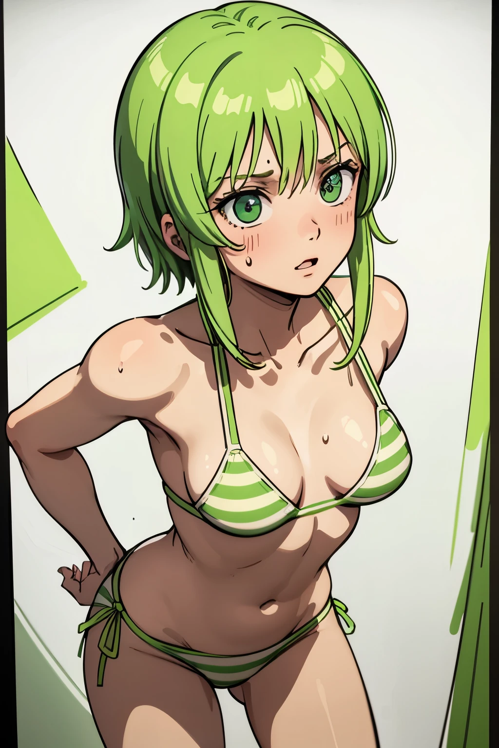 best quality, masterpiece, silhouette light, elpeople, (contrapposto:1.2), head shot, sweating a lot, lime green and white horizontal striped bikini, (medium breast:1.4), messy and tiny japanese room