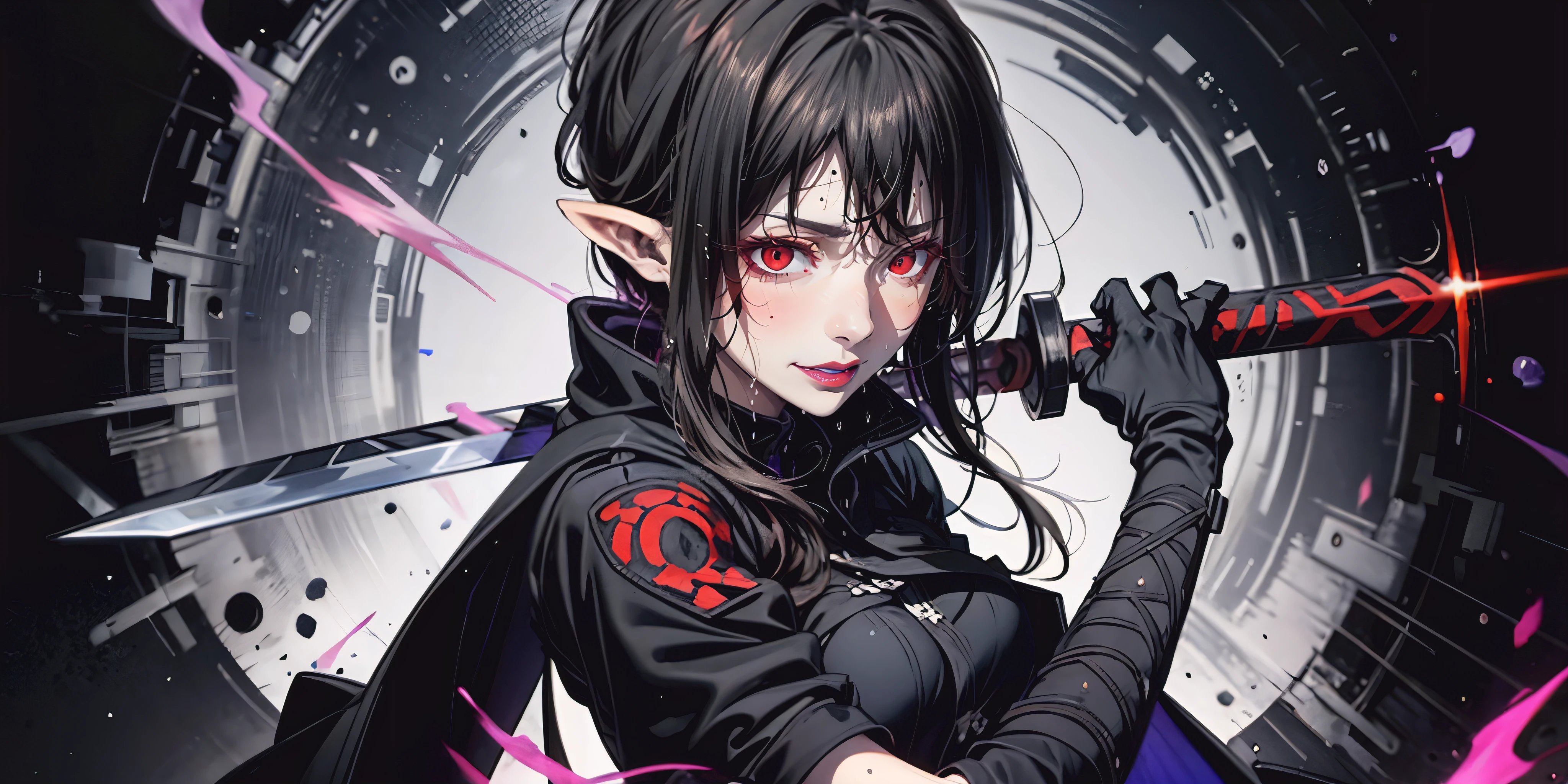 red eyes, pointy ears, long black hair, purple lipstick, makeup, pale skin, anatomically correct, masterpiece, award winning, ccurate, textured skin, anatomically correct,
1gril, looking at viewer, glowing red eyes, grab Muramasa sword in right_hand, Battōjutsu pose, metal glowing,  glowing blade, cinematic lighting, motion lines, chiaroscuro, hollow eyes, facing viewer, smirk, upper teeth, purple lips, red eyes, blush, sweating, wet, looking at viewer,