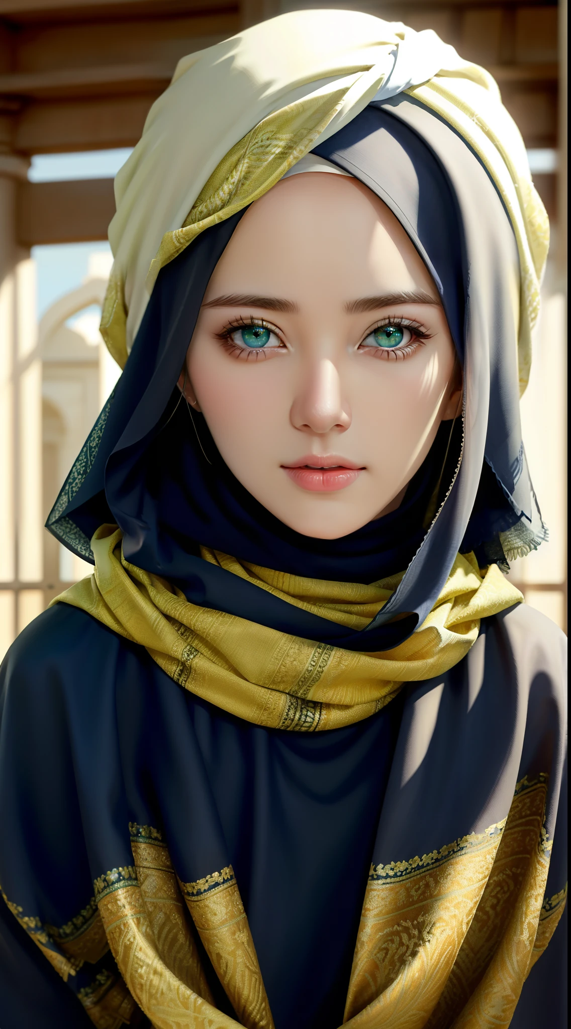 1lady , solo, beautiful face, high detailed realistic green eyes, double eyelids, high detailed realistic pupils, (upon body from head to waist:1.36), (wearing hijab:1.37), (moslem headscarf:1.37), reading glasses, sitting alone on a long chair, amazing mosque park background, taj mahal, best quality, masterpiece, highres, black and white moslem female dress, Beautiful face, (upon body from head to waist:1.35), tyndall effect, photorealistic, dark studio, two tone lighting, 8k uhd, dslr, soft lighting, high quality, volumetric lighting, candid, Photograph, high resolution, 4k, 8k, Bokeh, (hyperrealistic girl), (illustration), (high resolution), (extremely detailed), (best illustration), (beautiful detailed eyes), (best quality), (ultra-detailed), (masterpiece), (wallpaper), (photorealistic), (natural light), (rim lighting), (detailed face), (high detailed realistic skin face texture), (anatomically correct), (heterochromic eyes), (detailed eyes), (sparkling eyes), (dynamic pose), (hair completely covered by the hijab:1.35), looking to viewer