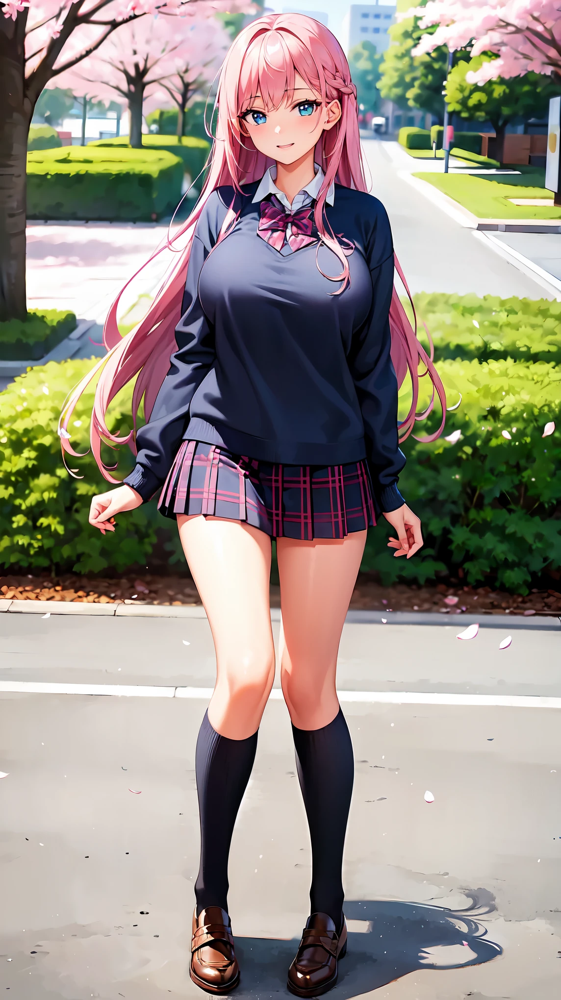 best-quality, 8k quality, masterpiece, huge breast, beautiful breast, 1girl, high school girl, pink hair, long hair, beautiful detailed blue eyes, perfect eyes, full body, April, school zone, cherry blossom trees, lightsmile, front view, neat navy blue plain long sleeve school sweater, blue plaid school skirt, perfect fingers, perfect anatomy, perfect face, sharp outline