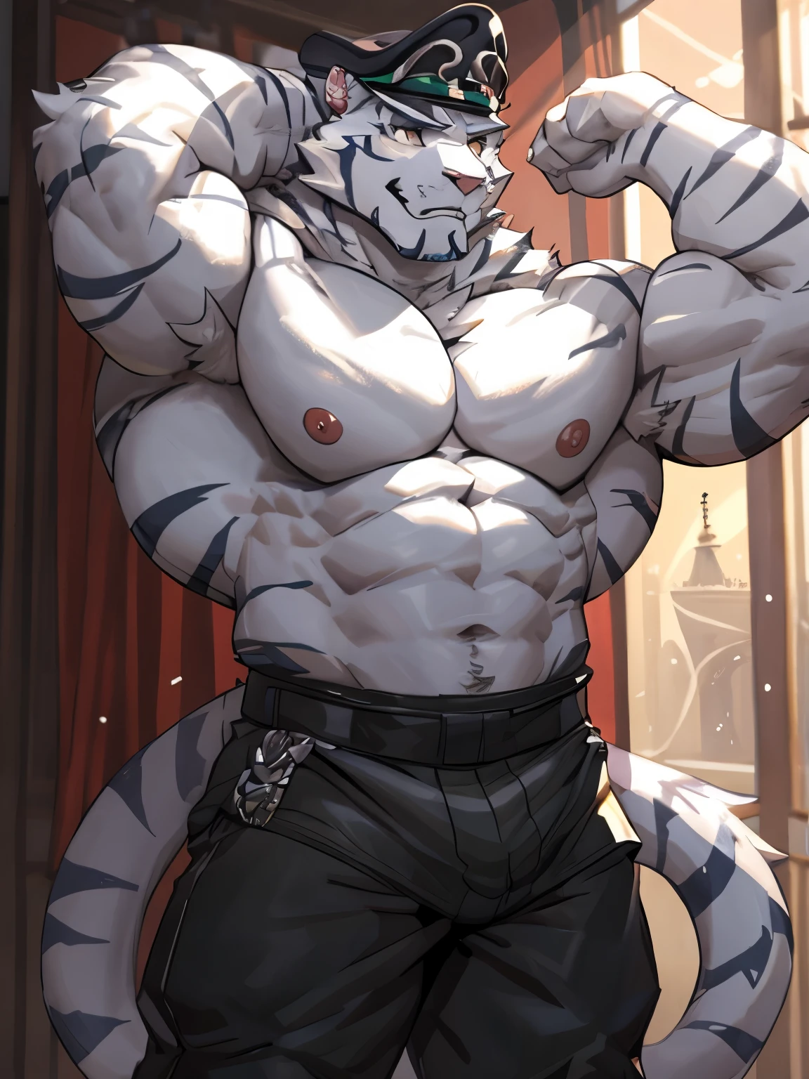 Jin Qiu, good looking, male, anthro, ultradetailed, muscular, solo, bareness, rippling muscles, muscles, living room background, tail, smiling, shirtless, big pecs, flexing, looking at viewer, thong, hands behind head,