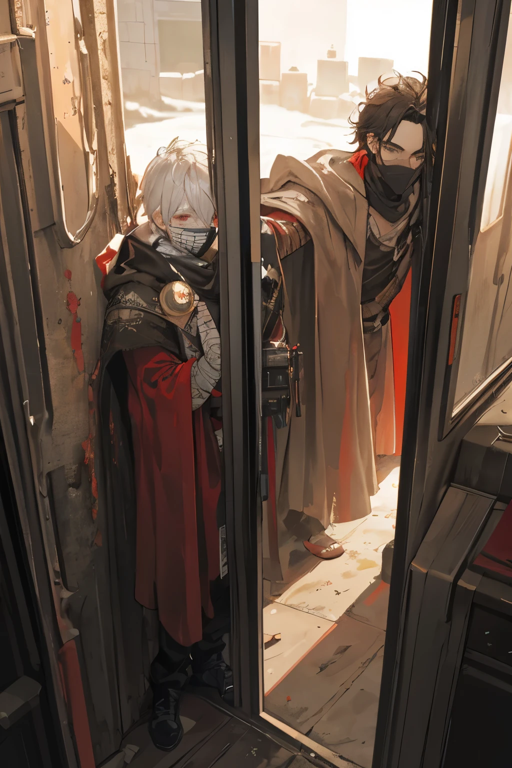 portrait with a touch of apocalypse and madmax, young male traveler with his face covered with a futuristic bandage, dressed in desert clothes - cloak and robe, with expressive eyes and red youth hairstyle.